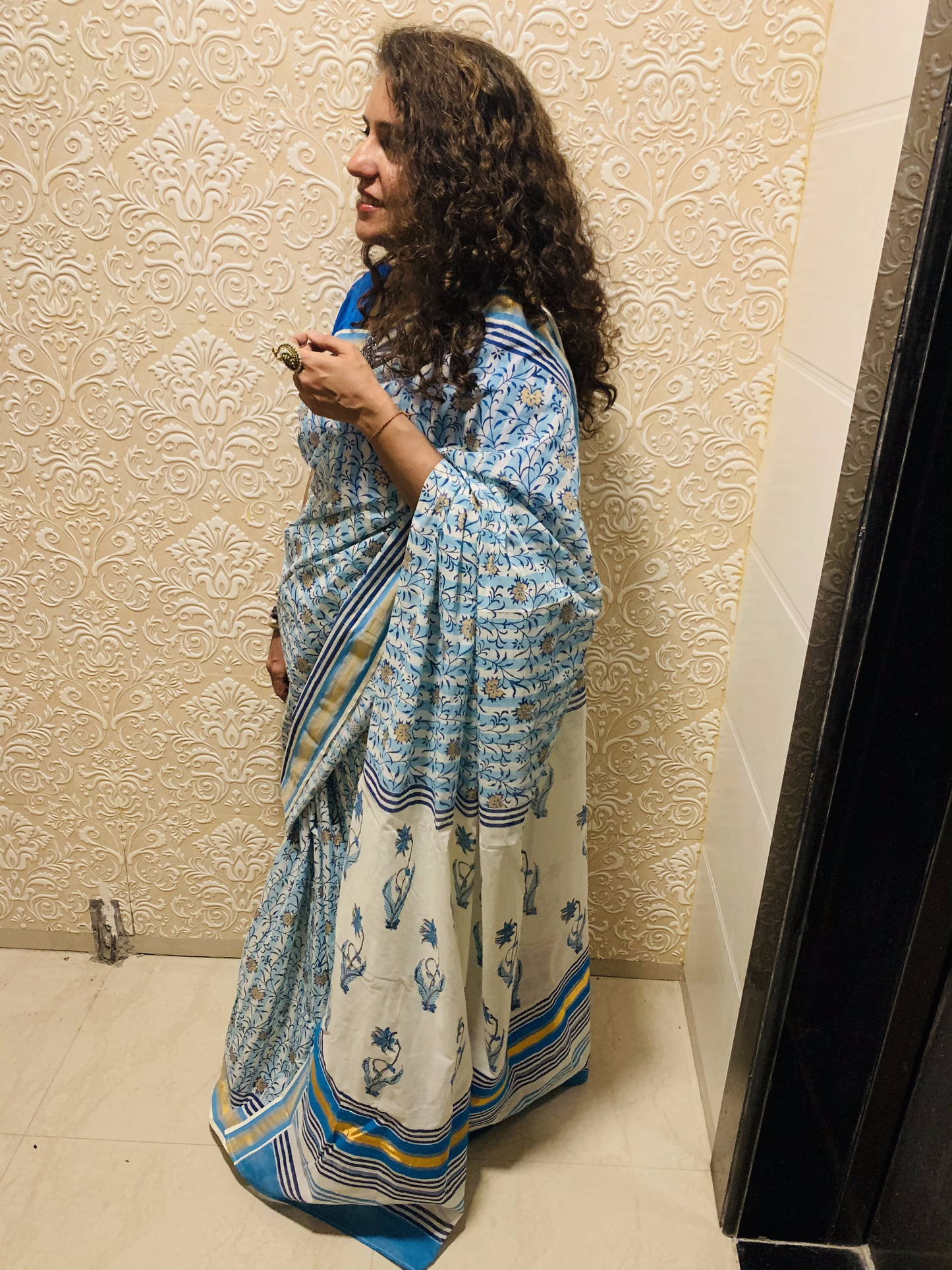Pure Cotton Kerala Kasavu Block Printed Saree • Blue
