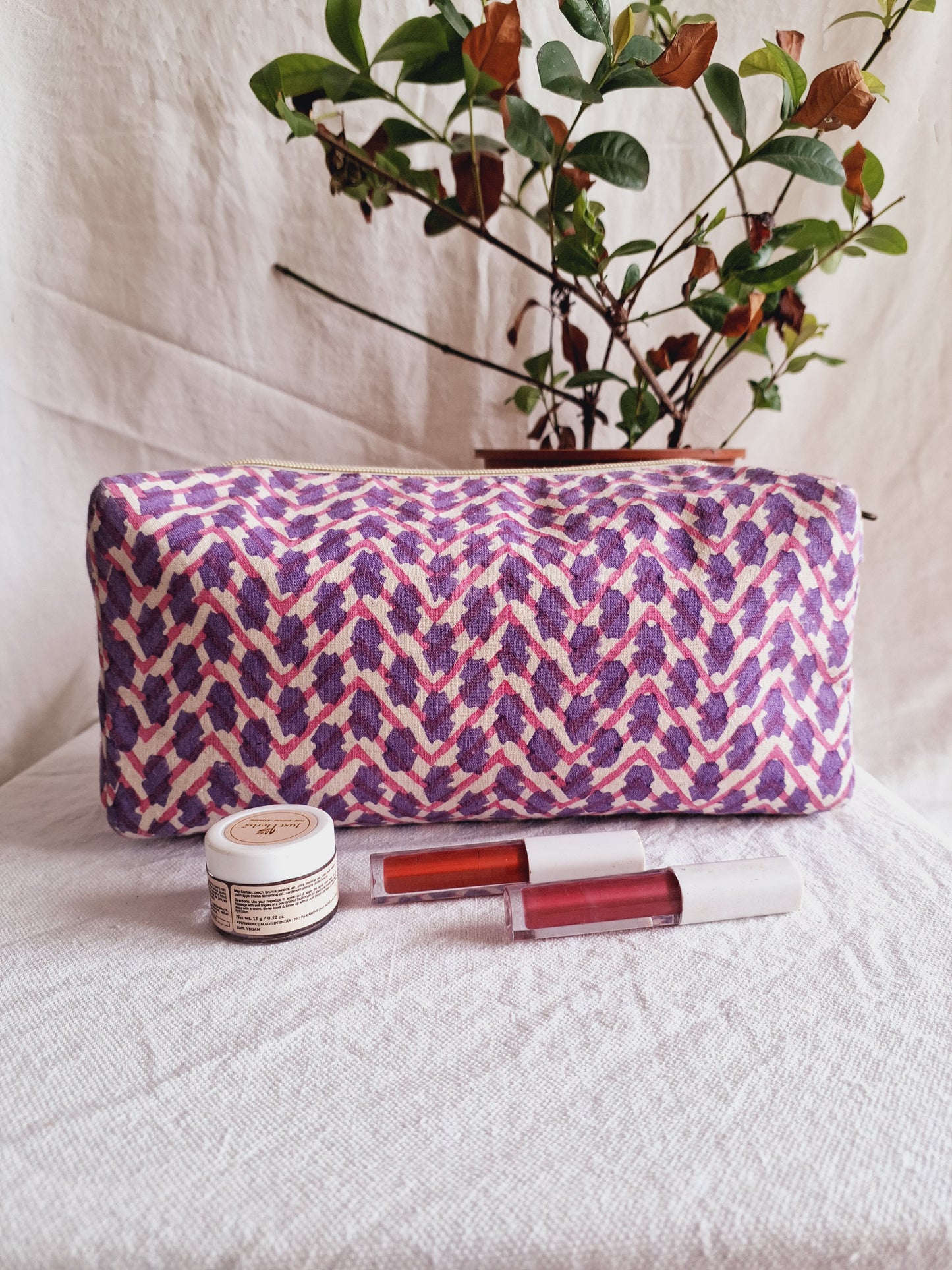 Cotton Hand Printed travel pouch • Chevron Pink