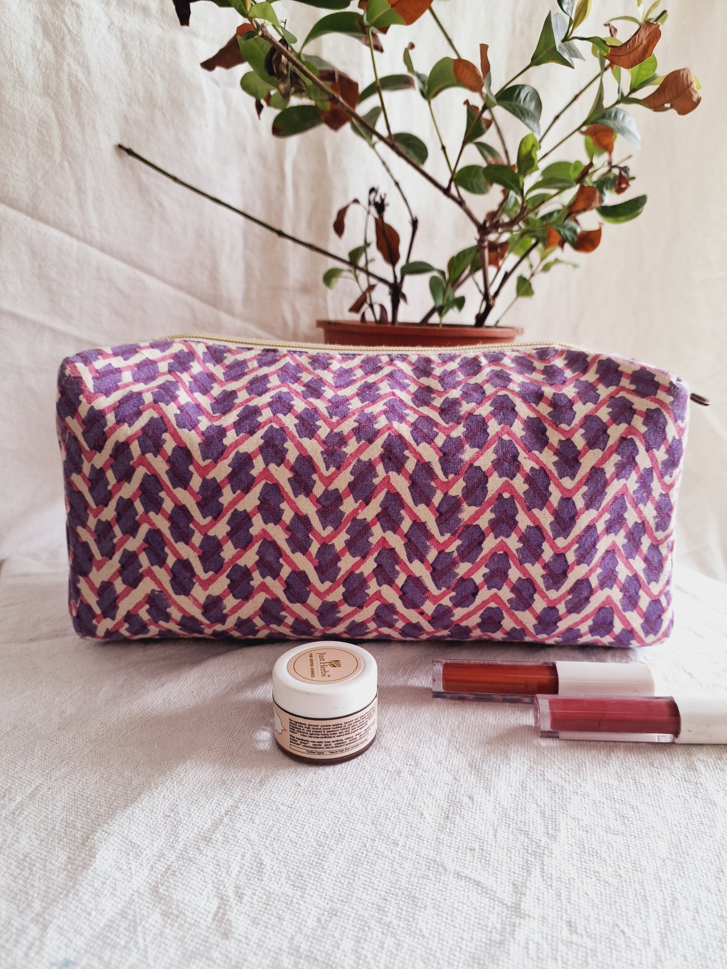 Cotton Hand Printed travel pouch • Chevron Pink