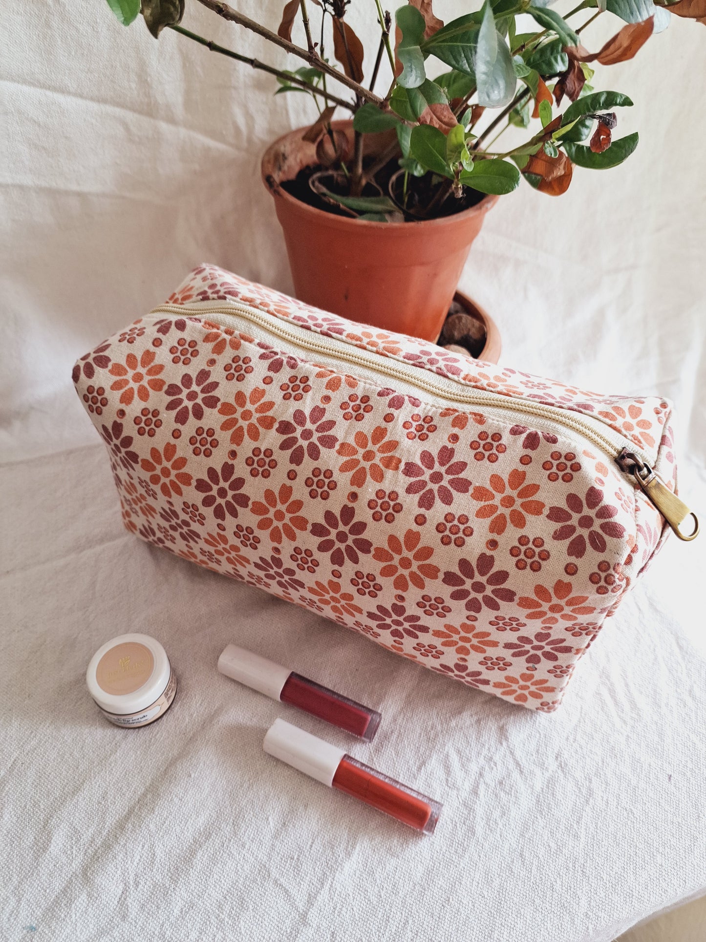 Cotton Hand Printed travel pouch • Pastel flowers