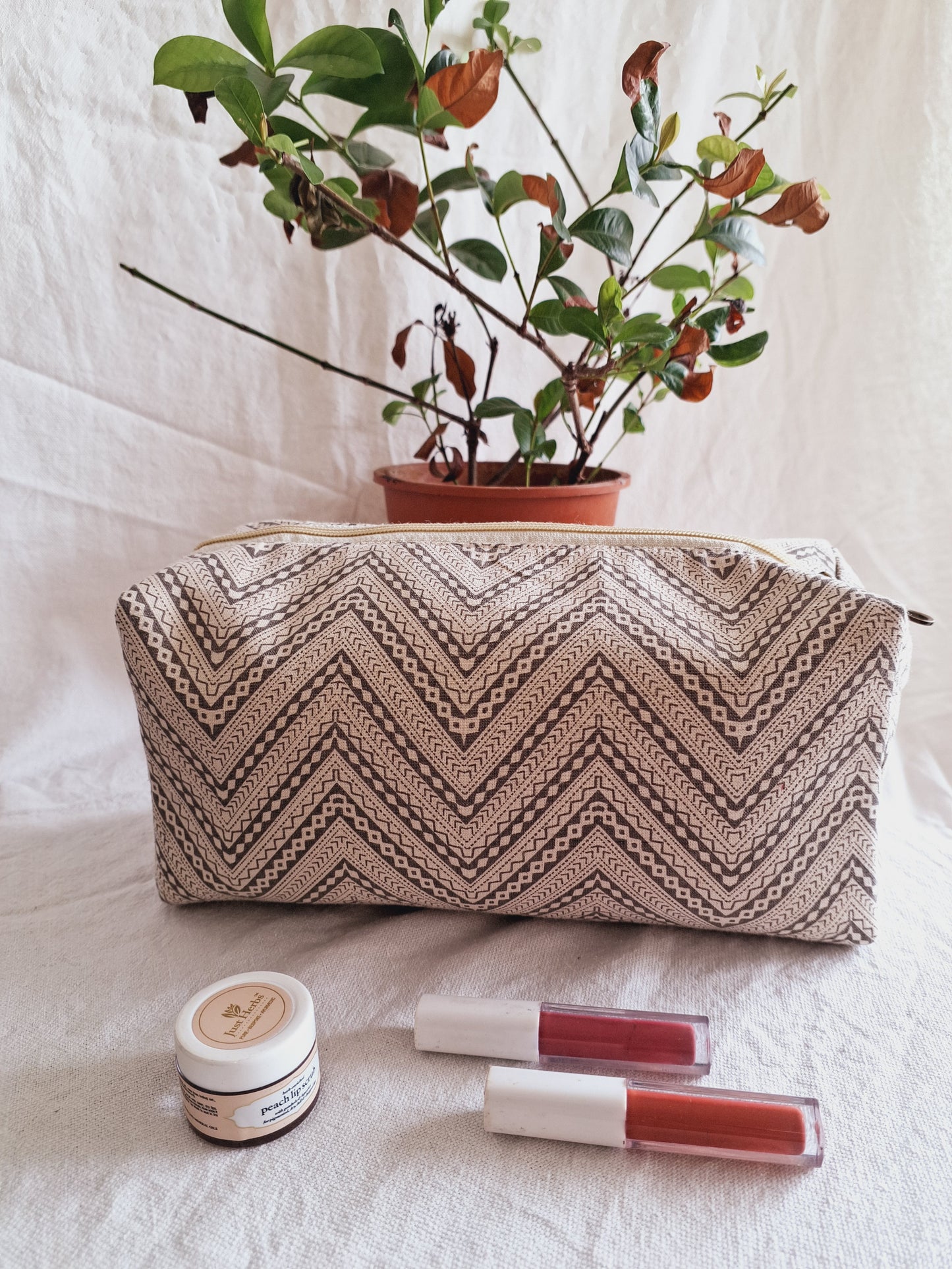Cotton Hand Printed Travel Pouch • Chevron Grey