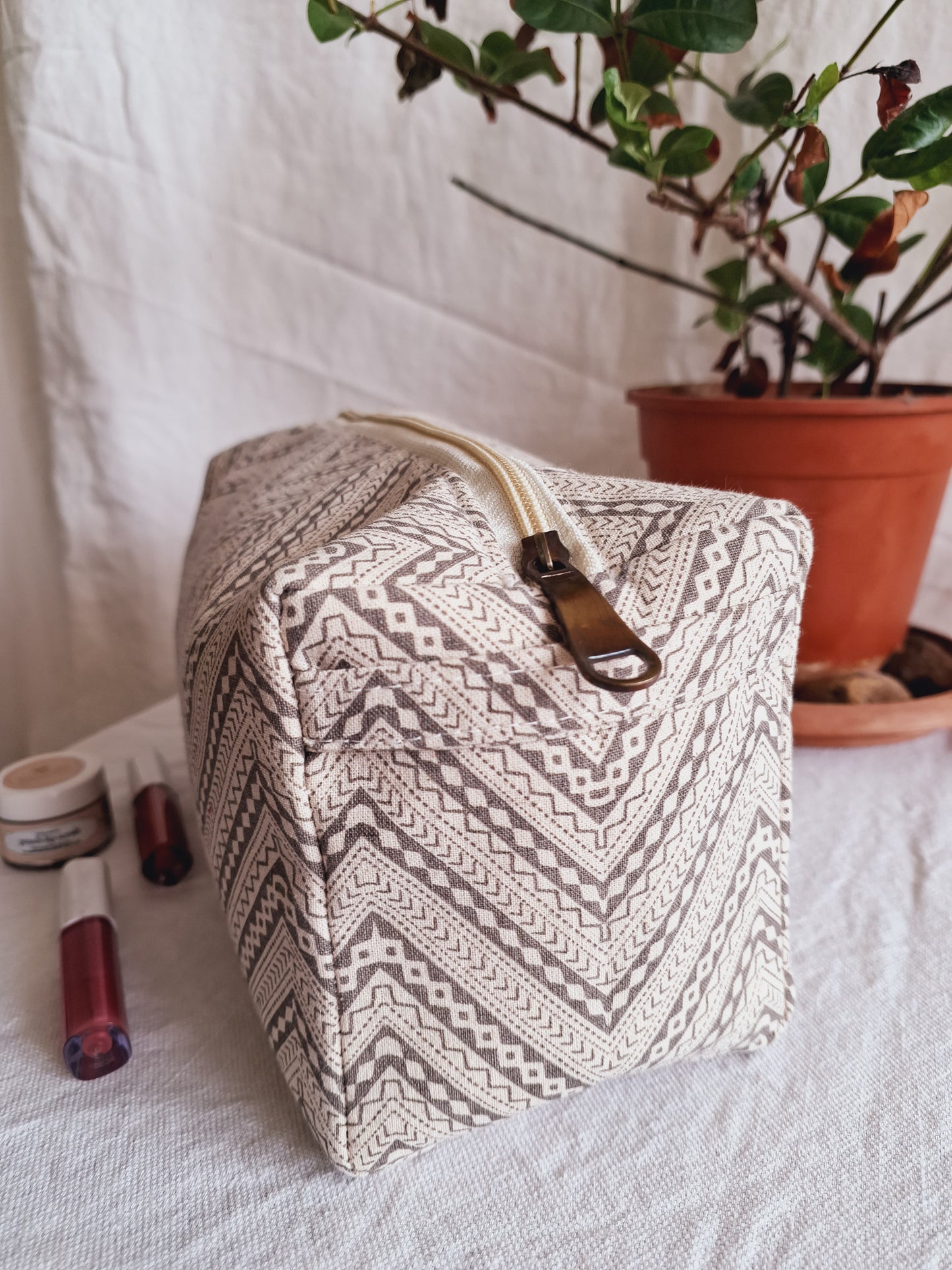 Cotton Hand Printed Travel Pouch • Chevron Grey