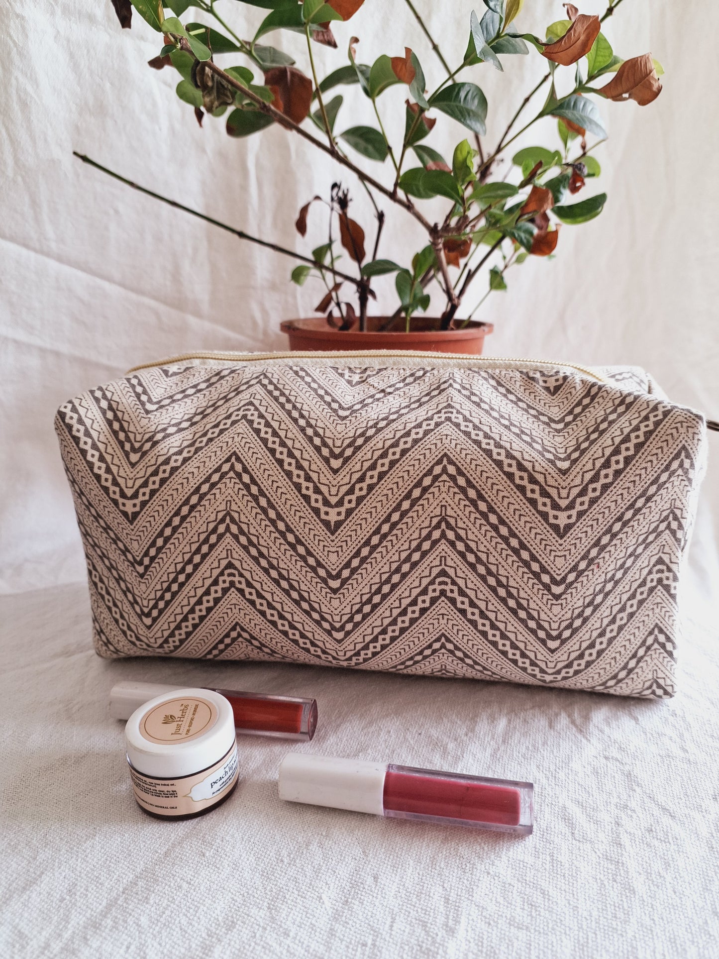 Cotton Hand Printed Travel Pouch • Chevron Grey