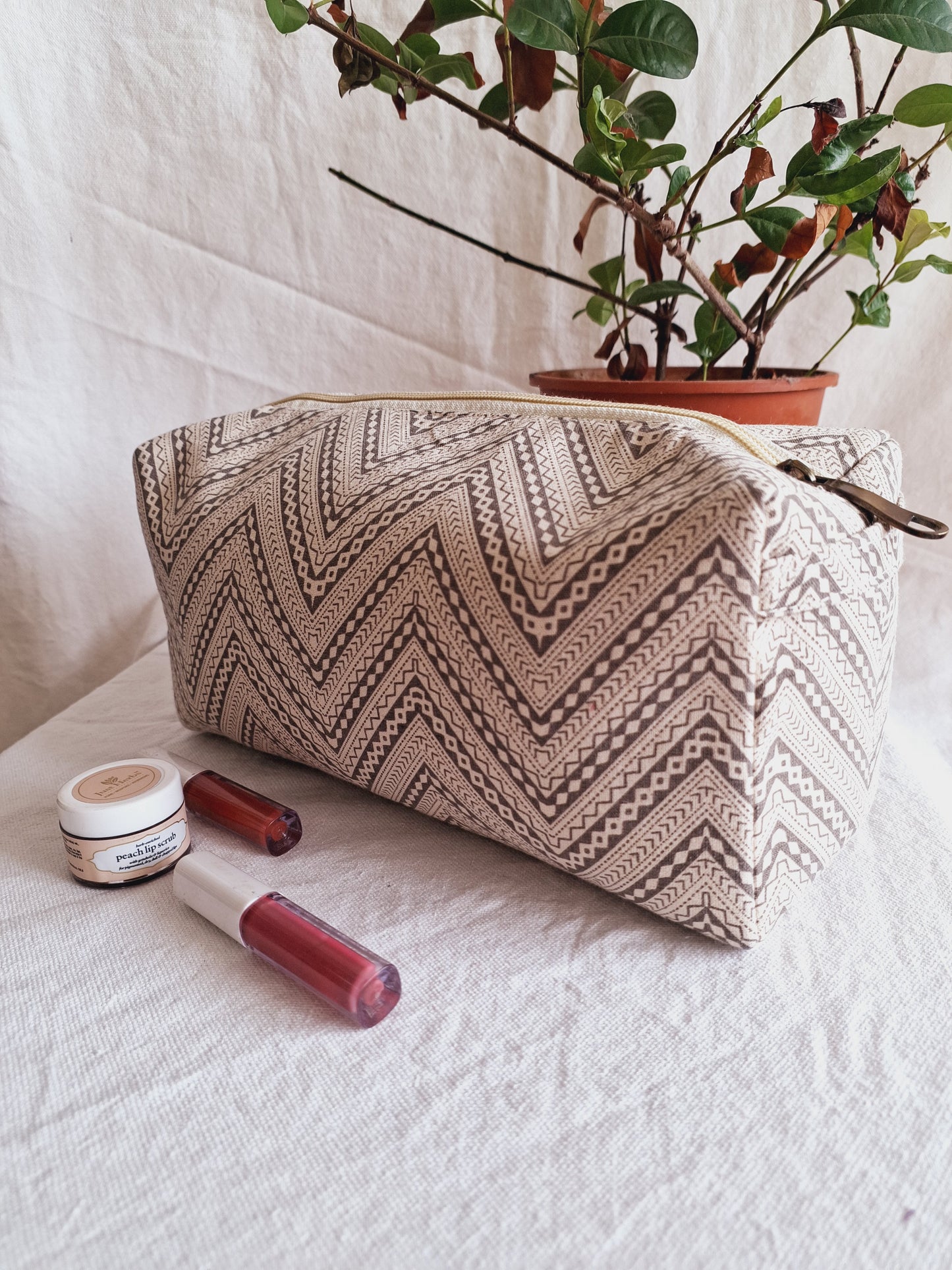 Cotton Hand Printed Travel Pouch • Chevron Grey