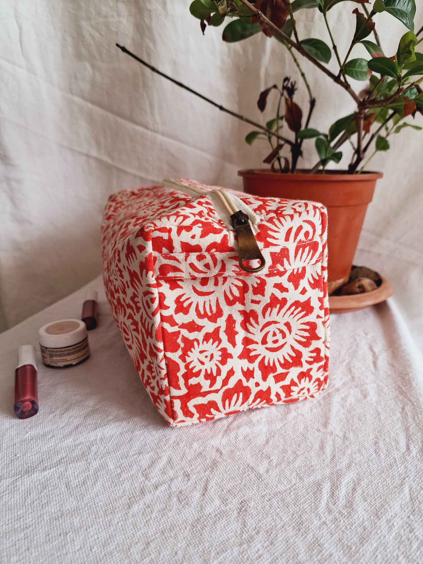 Cotton Hand Printed Travel Pouch • Floral Fun Red