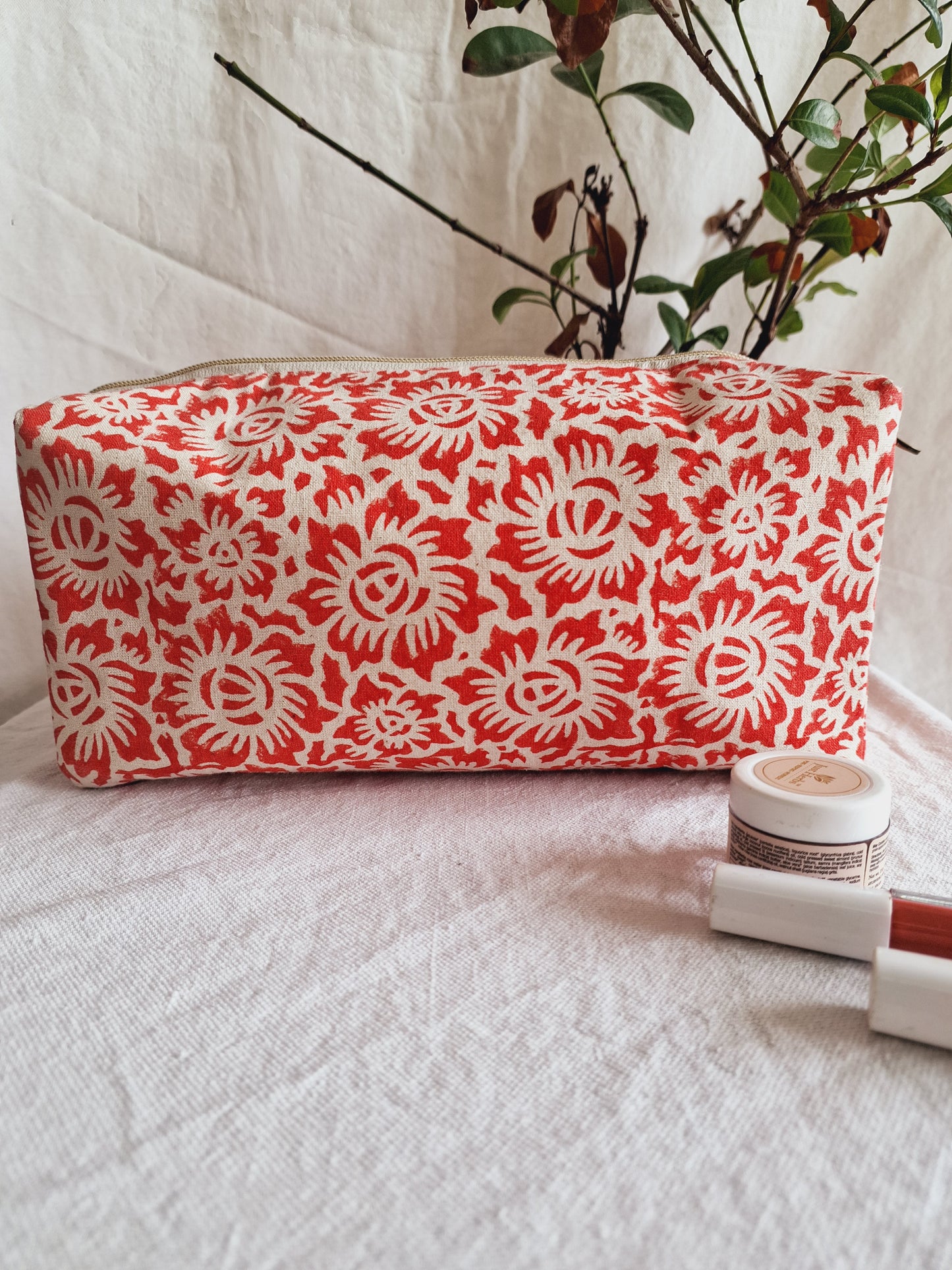 Cotton Hand Printed Travel Pouch • Floral Fun Red