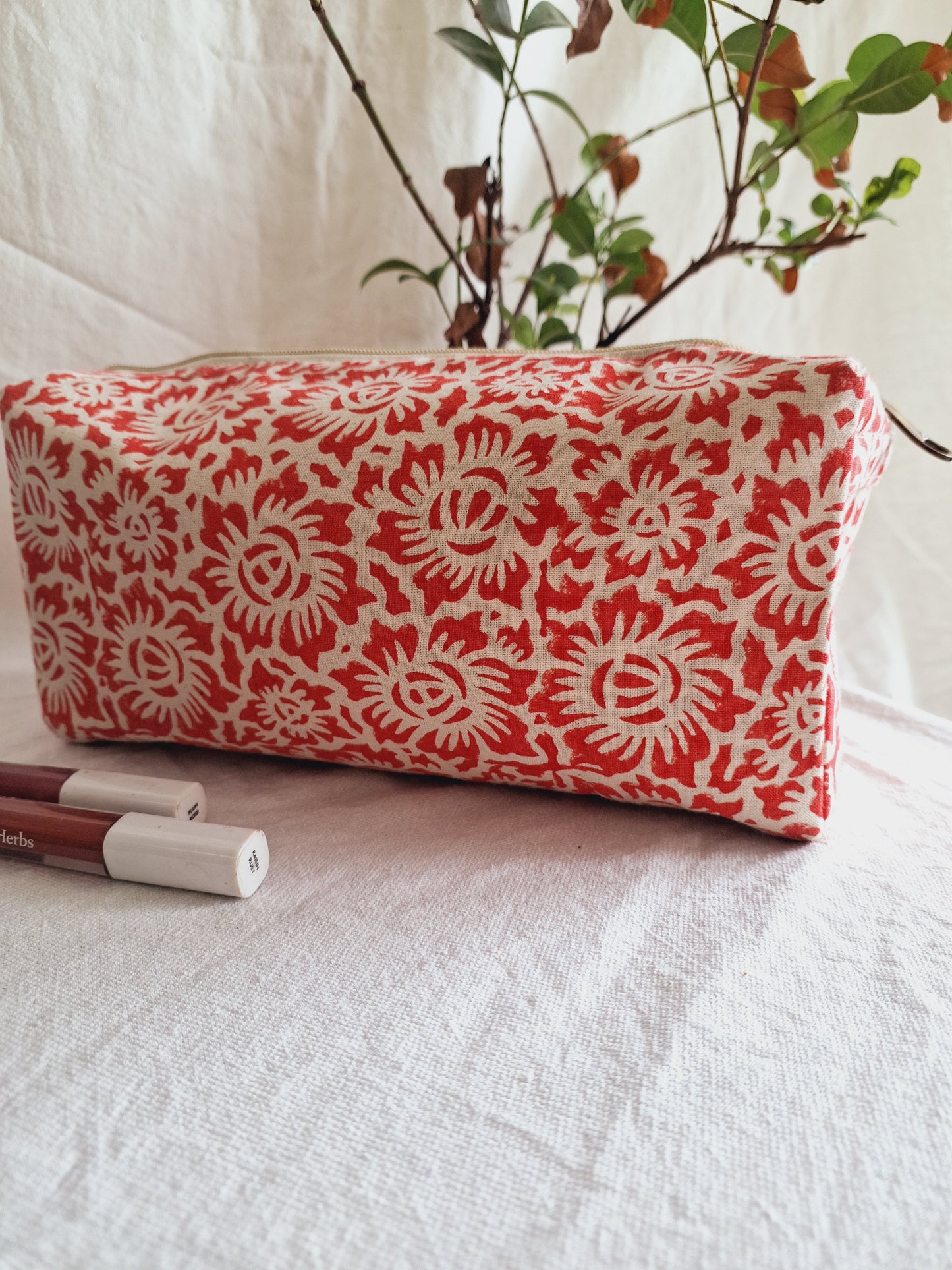 Cotton Hand Printed Travel Pouch • Floral Fun Red