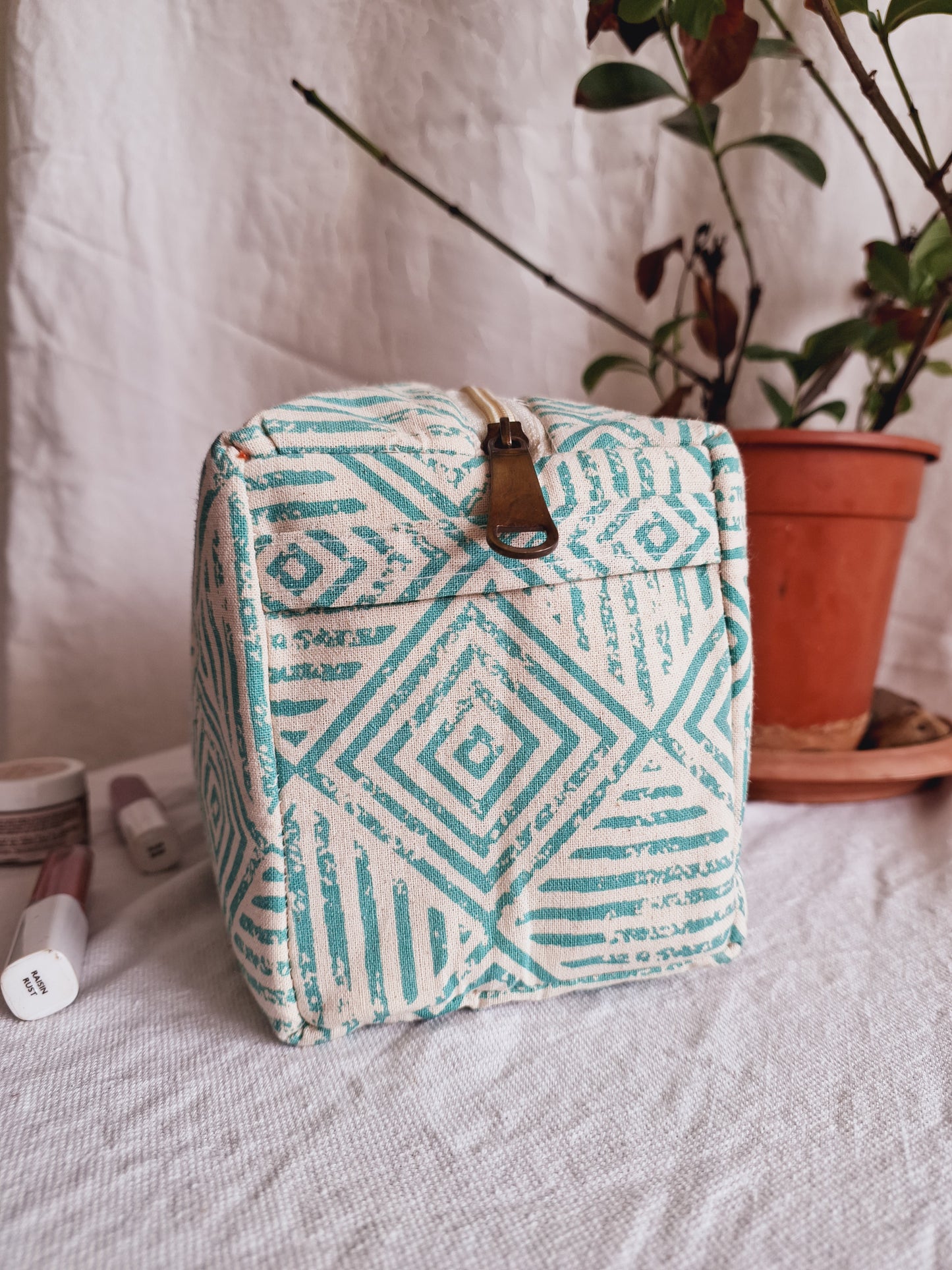 Cotton Hand Printed travel pouch • Diamond teal