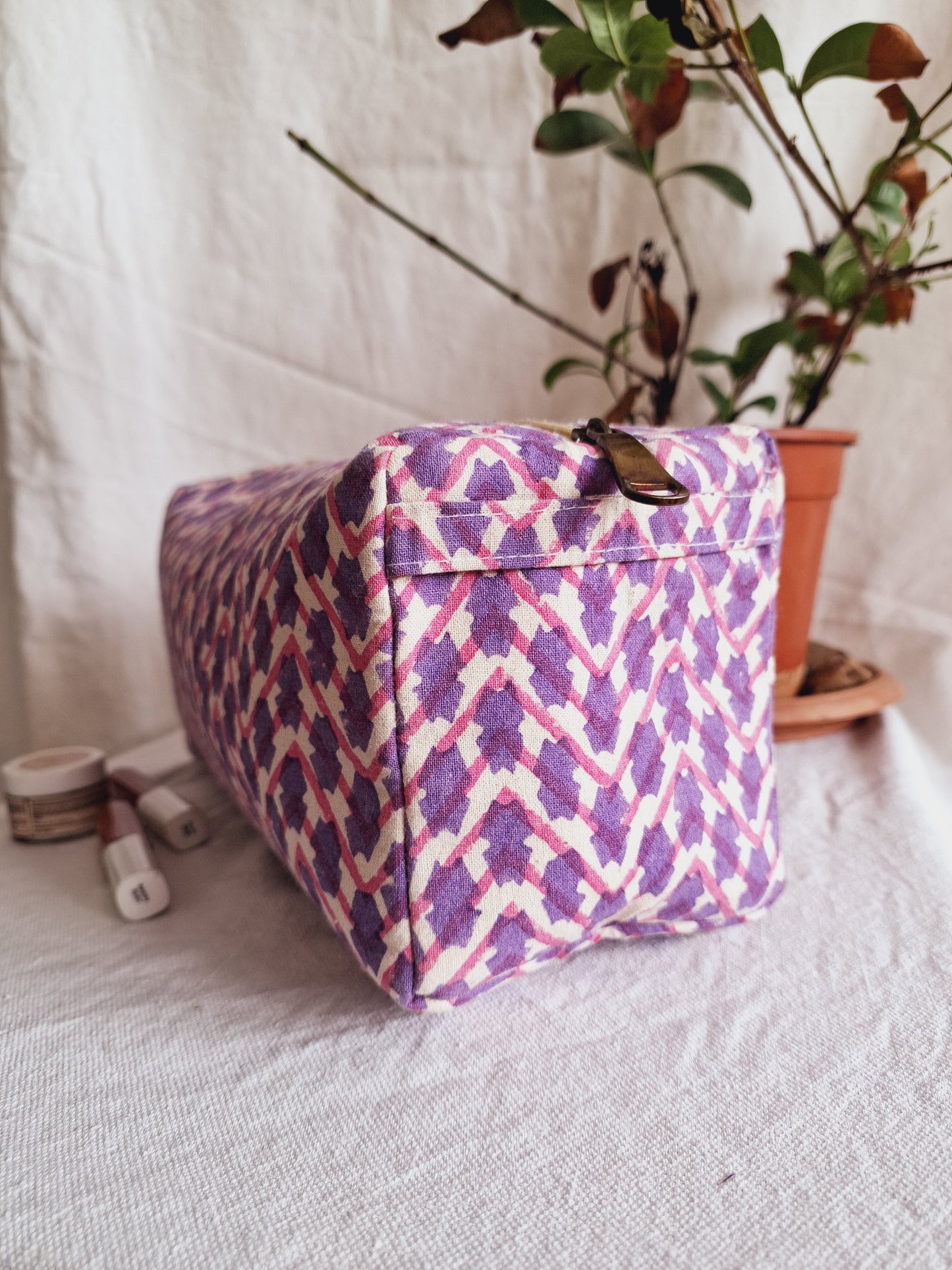 Cotton Hand Printed travel pouch • Chevron Pink