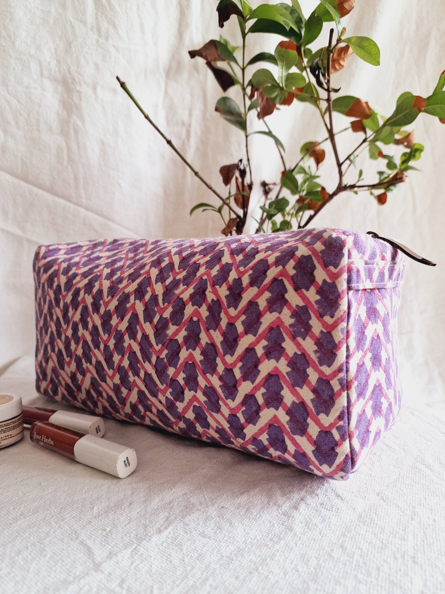 Cotton Hand Printed travel pouch • Chevron Pink