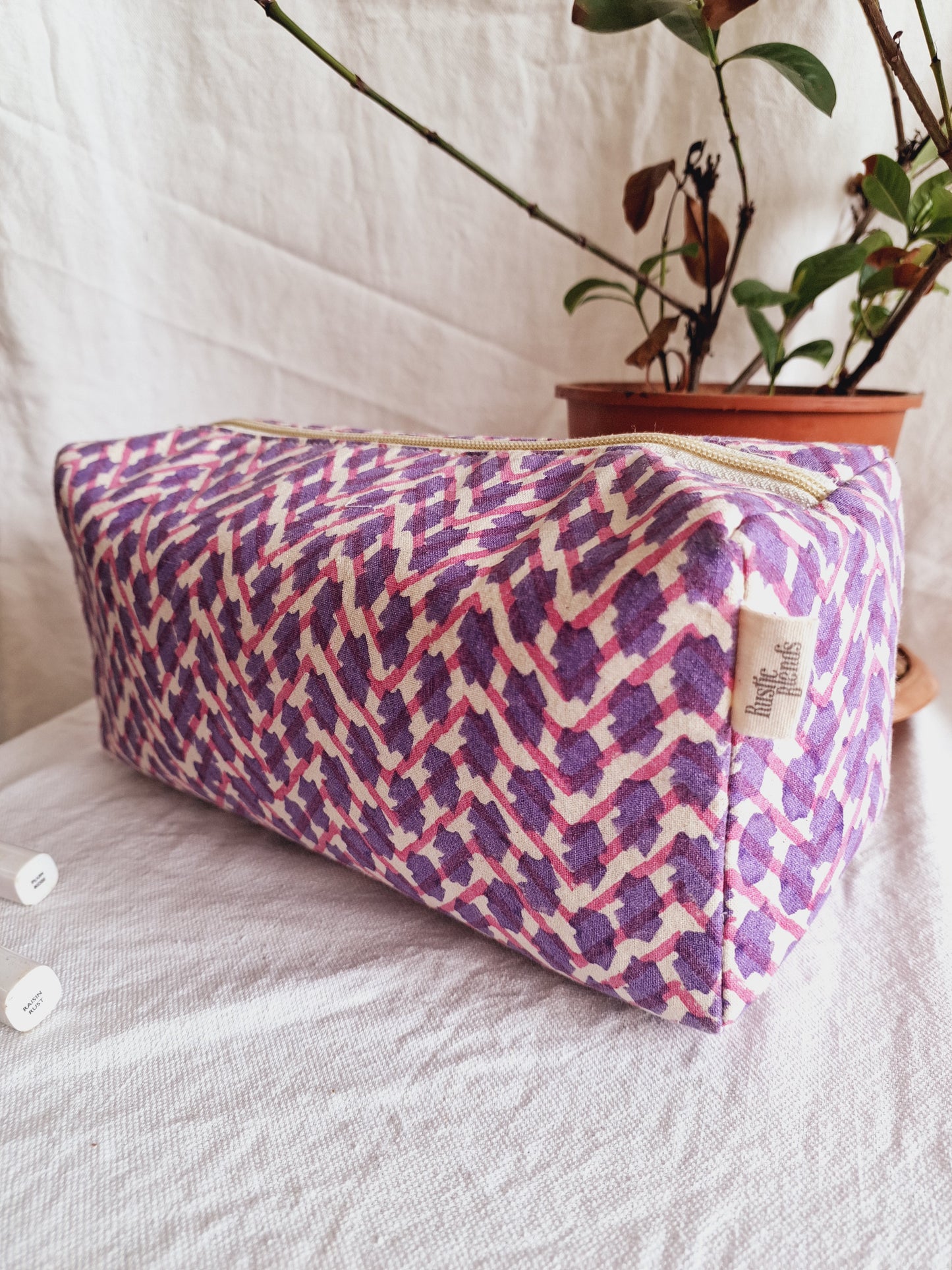 Cotton Hand Printed travel pouch • Chevron Pink
