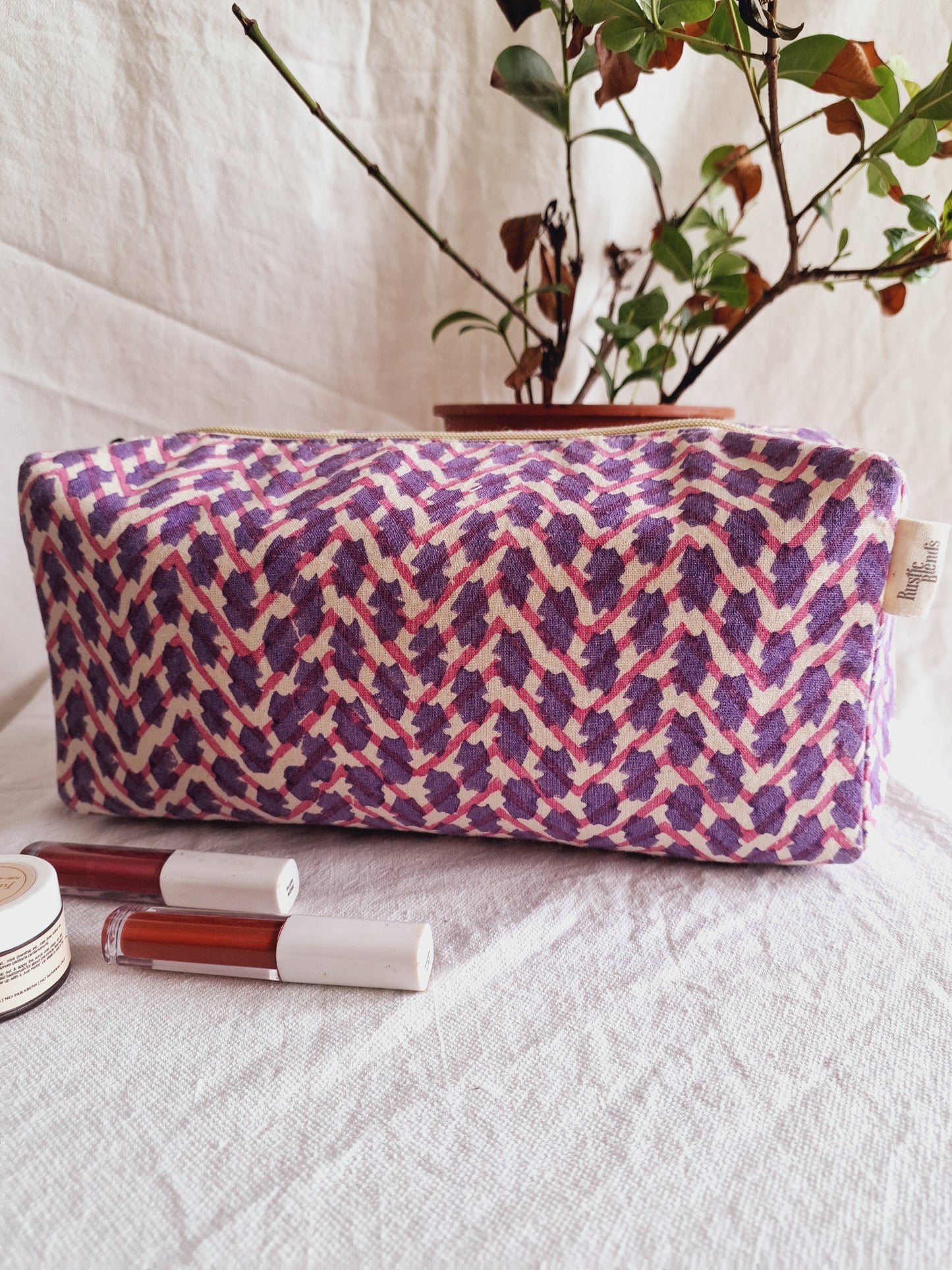 Cotton Hand Printed travel pouch • Chevron Pink