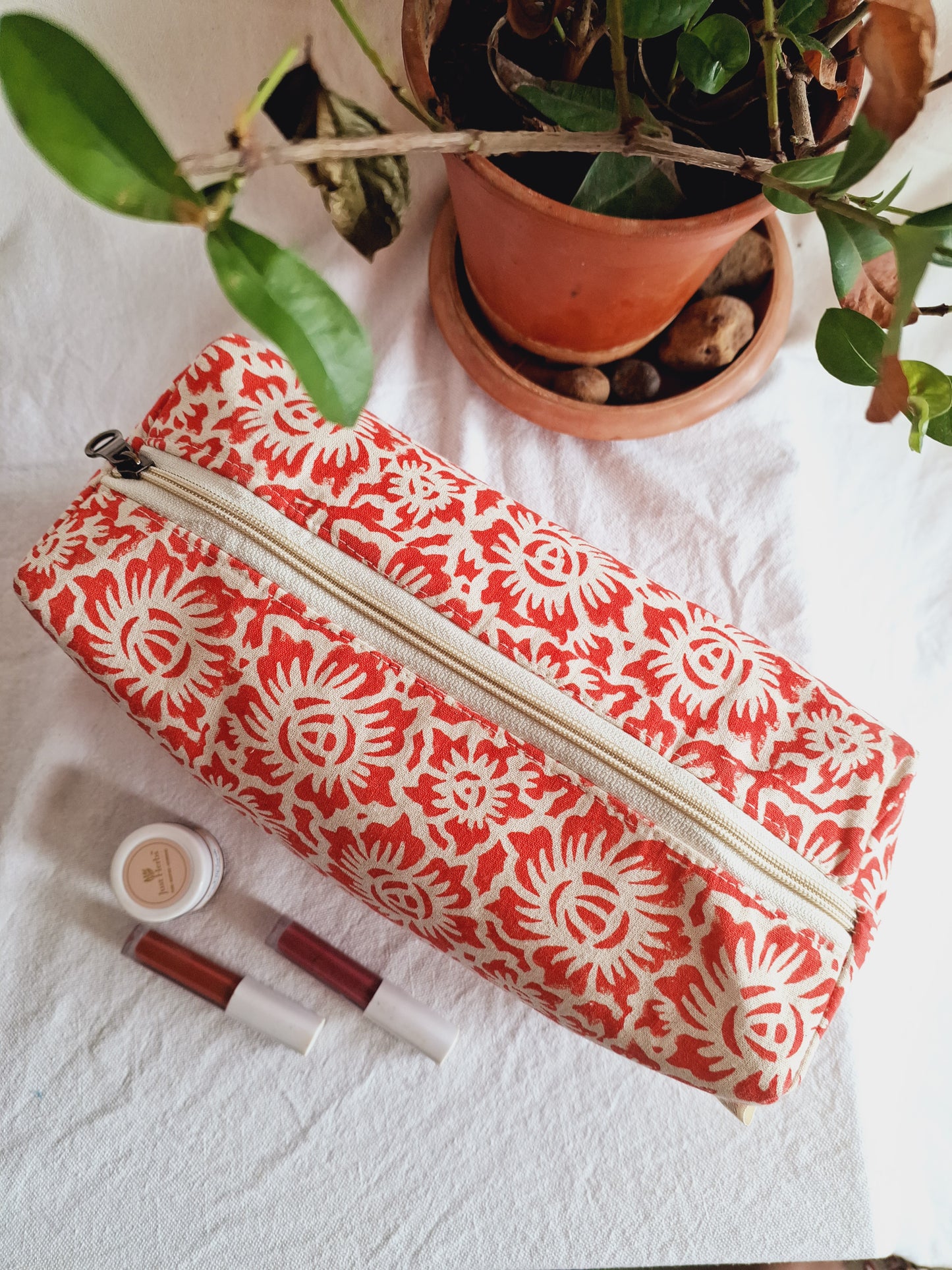 Cotton Hand Printed Travel Pouch • Floral Fun Red