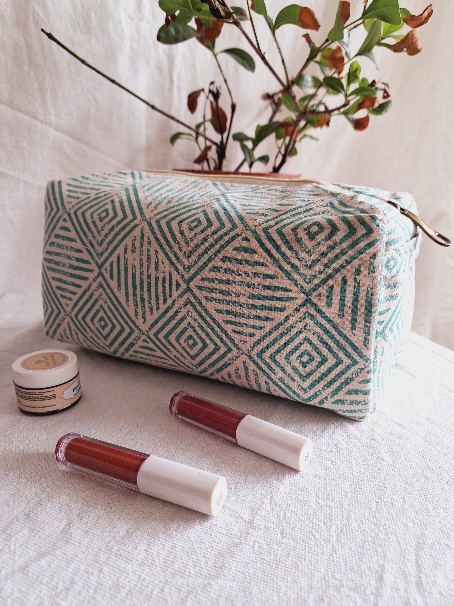Cotton Hand Printed travel pouch • Diamond teal