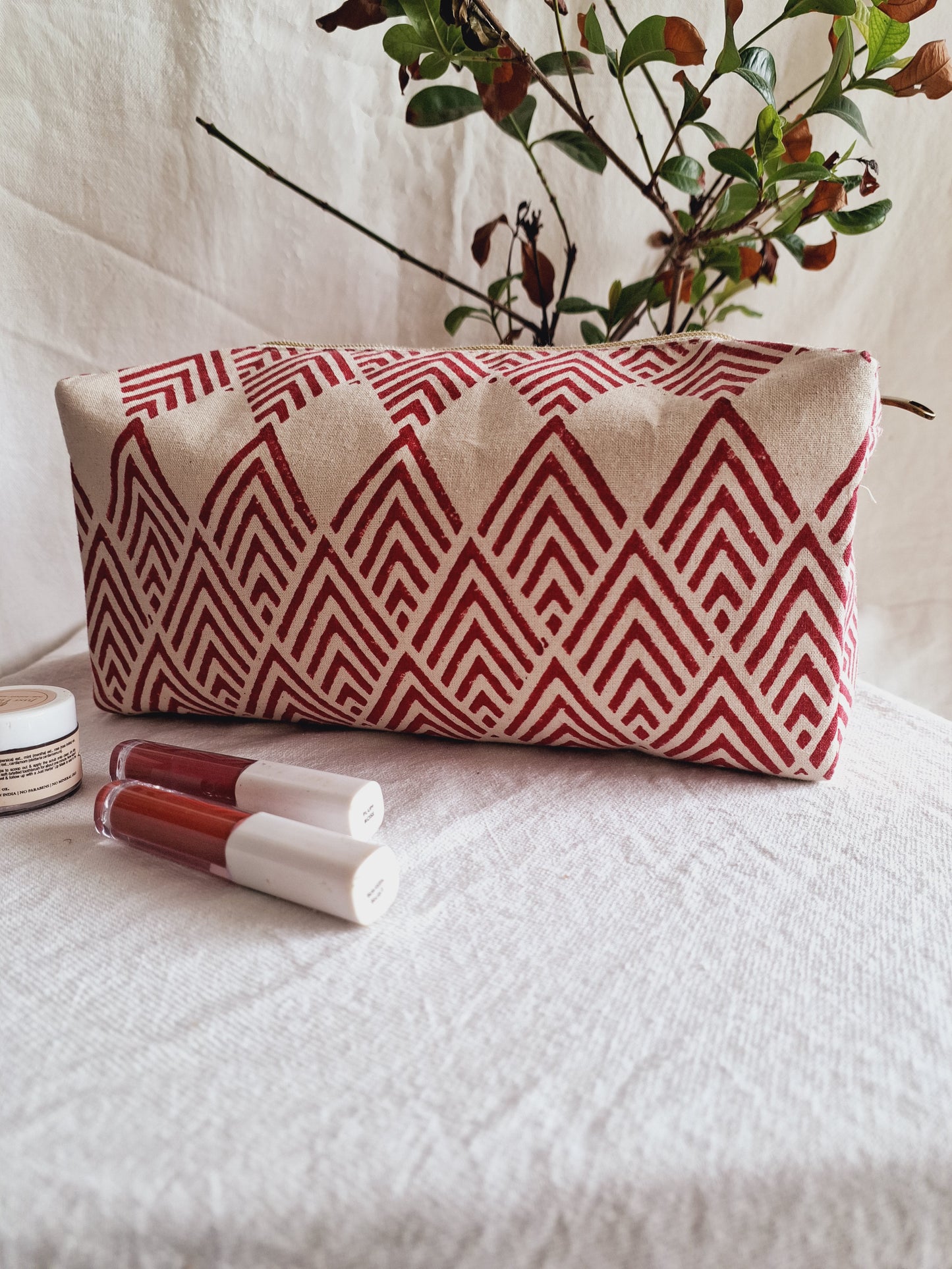 Cotton Hand Printed Travel Pouch • Geometric Red