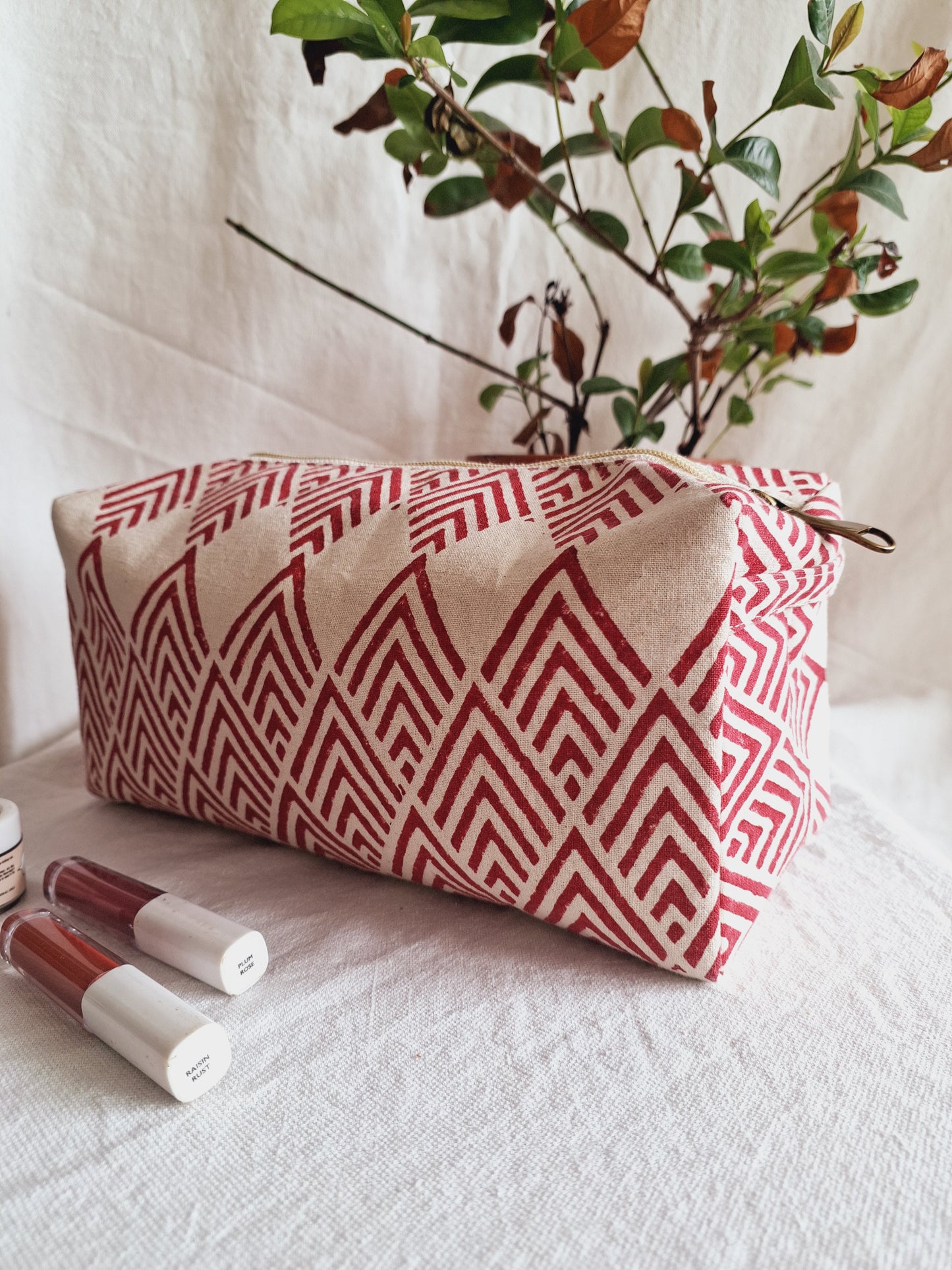 Cotton Hand Printed Travel Pouch • Geometric Red