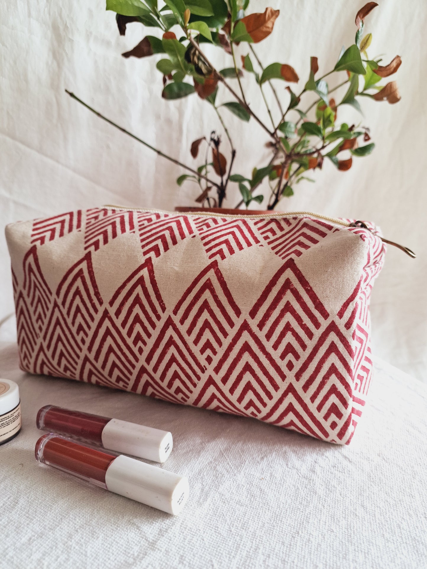 Cotton Hand Printed Travel Pouch • Geometric Red