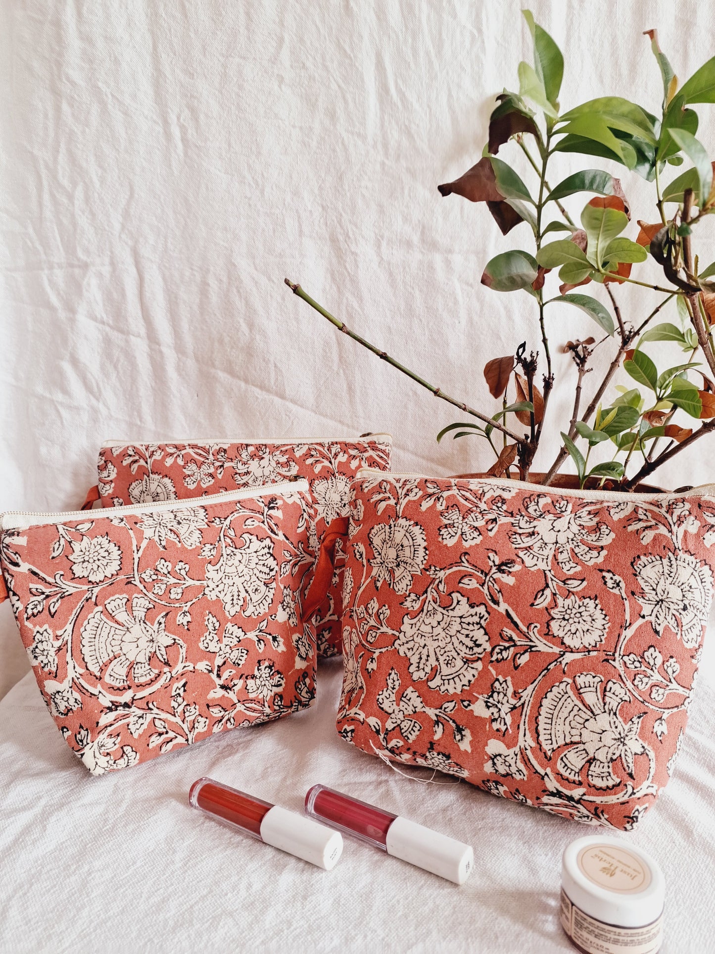 Cotton Hand Printed Utility Pouches · Jaipuri Peach · Set Of 3