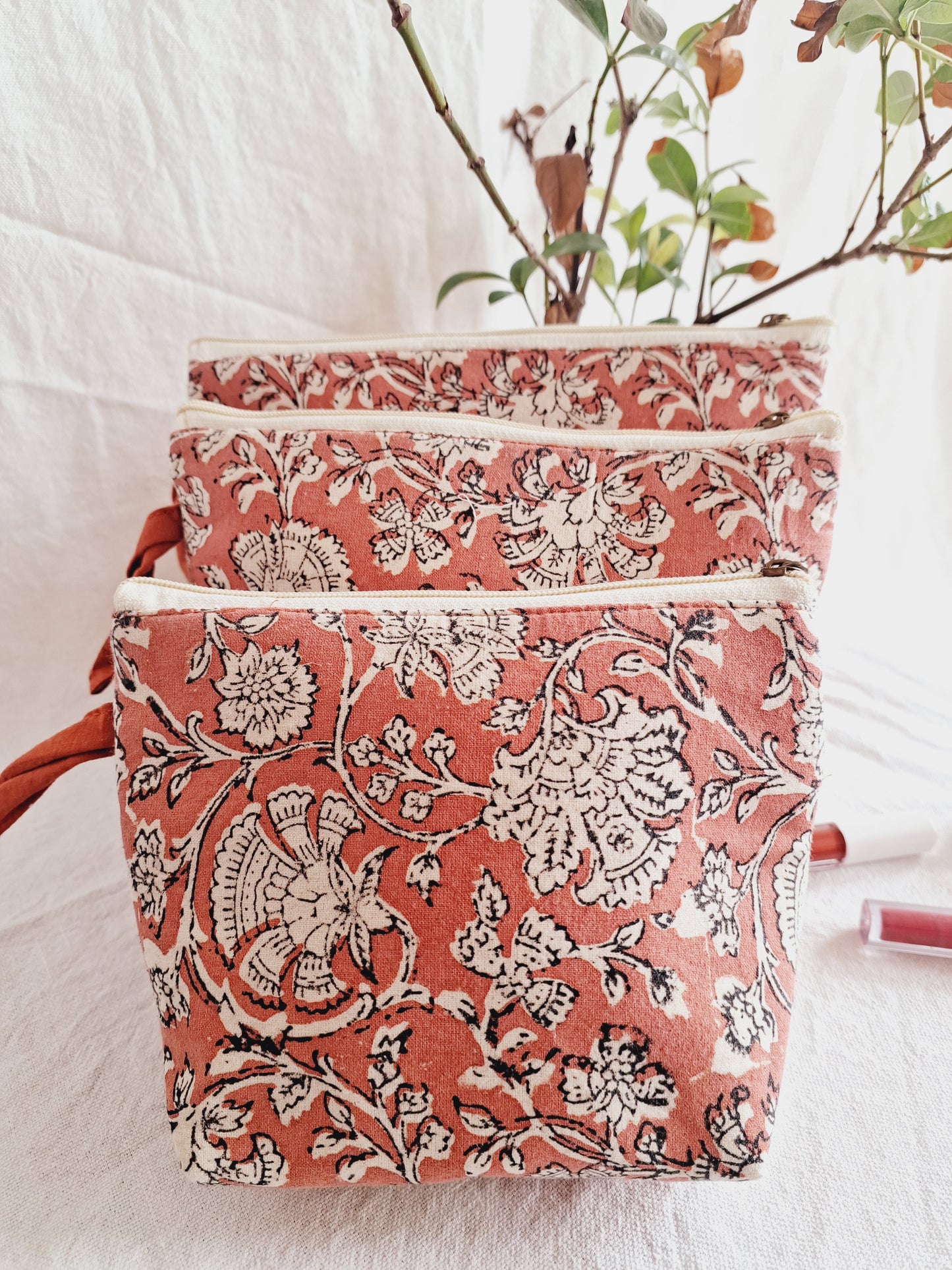 Cotton Hand Printed Utility Pouches · Jaipuri Peach · Set Of 3