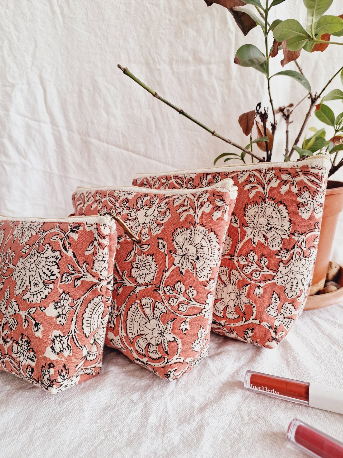 Cotton Hand Printed Utility Pouches · Jaipuri Peach · Set Of 3