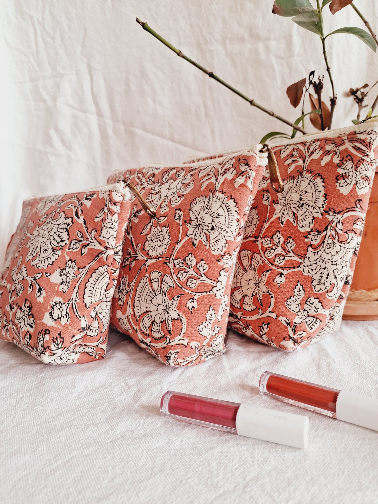 Cotton Hand Printed Utility Pouches · Jaipuri Peach · Set Of 3