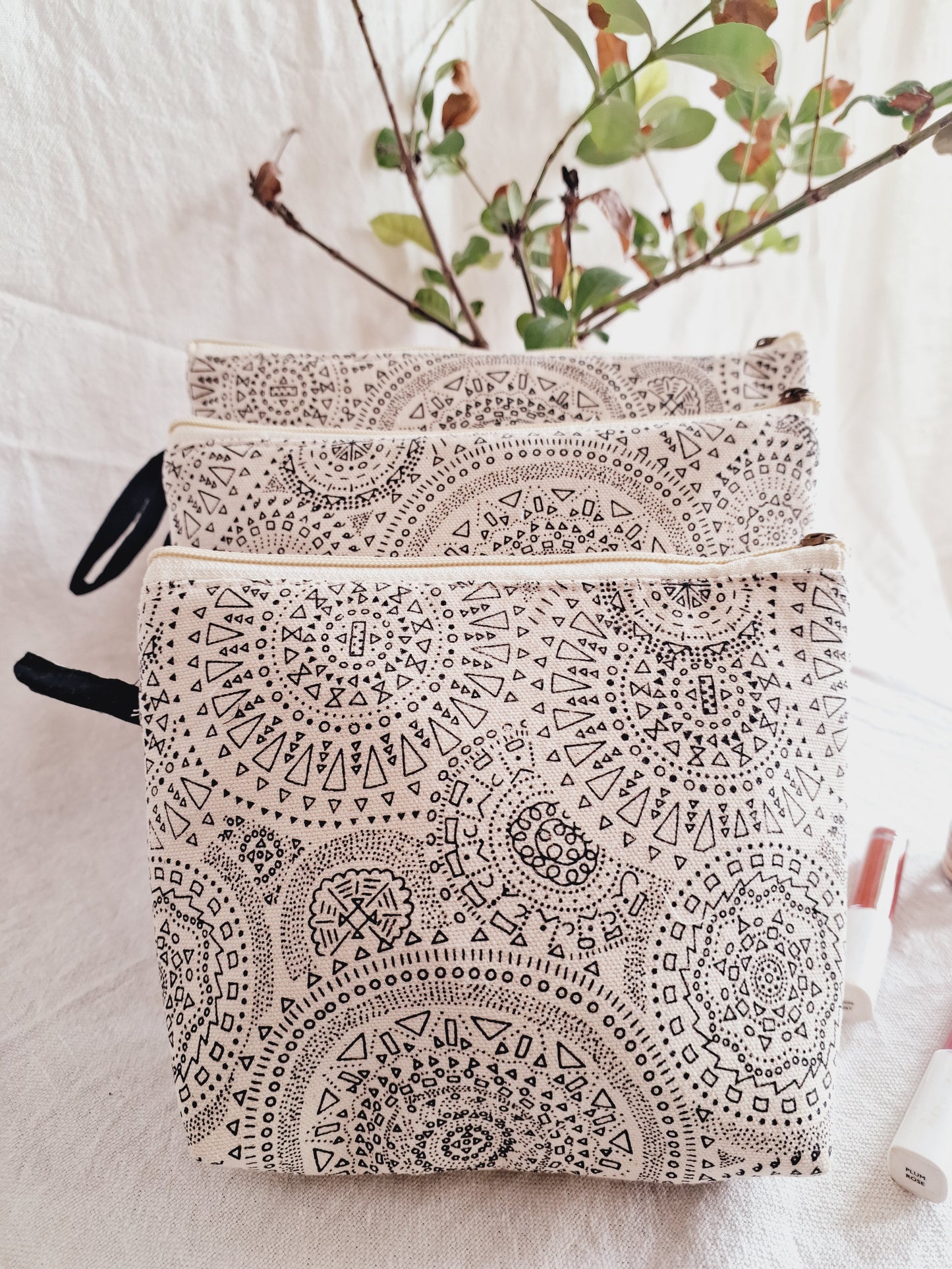 Cotton Hand Printed Utility Pouches · Black Mandalas · Set Of 3