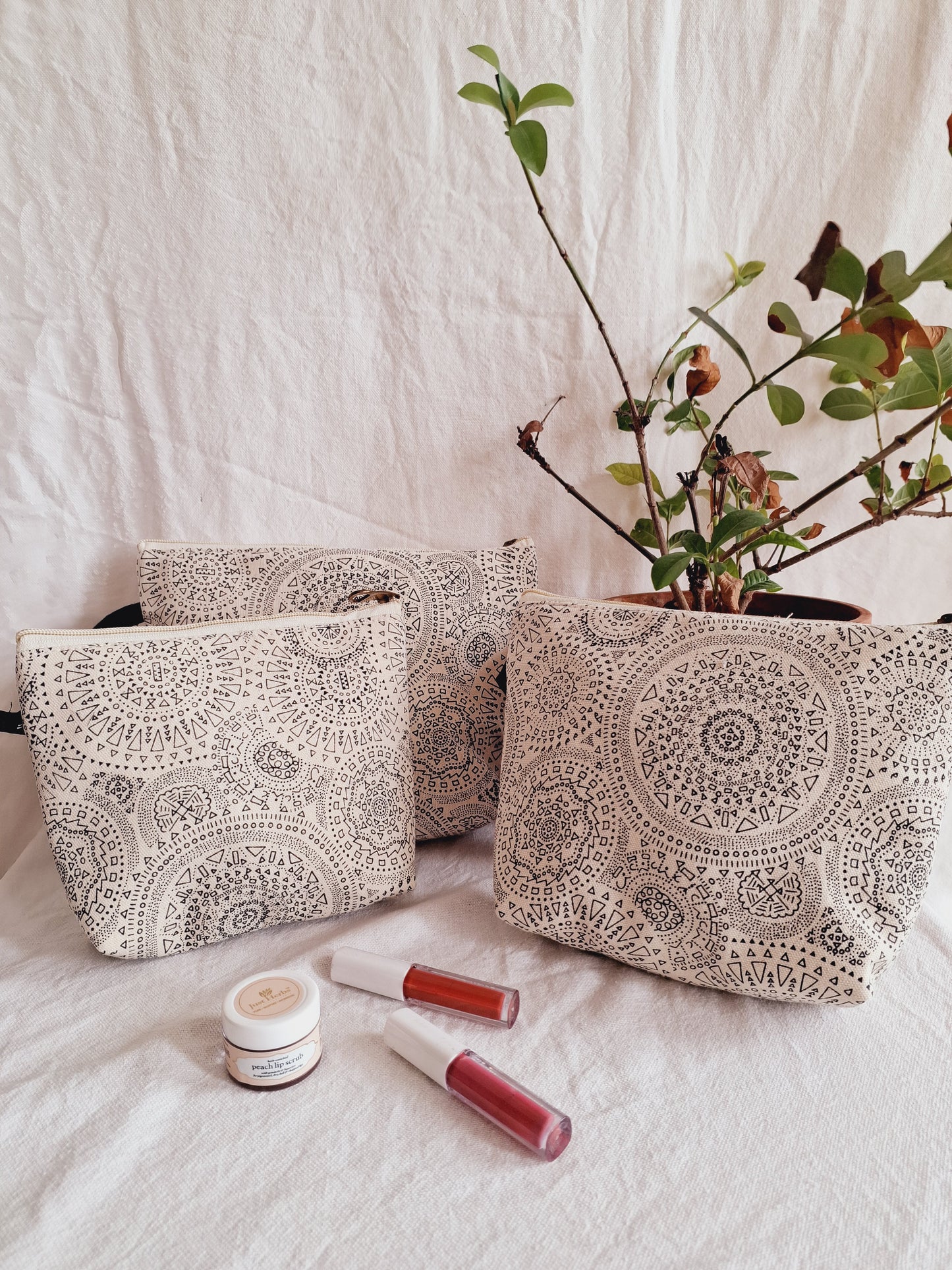 Cotton Hand Printed Utility Pouches · Black Mandalas · Set Of 3