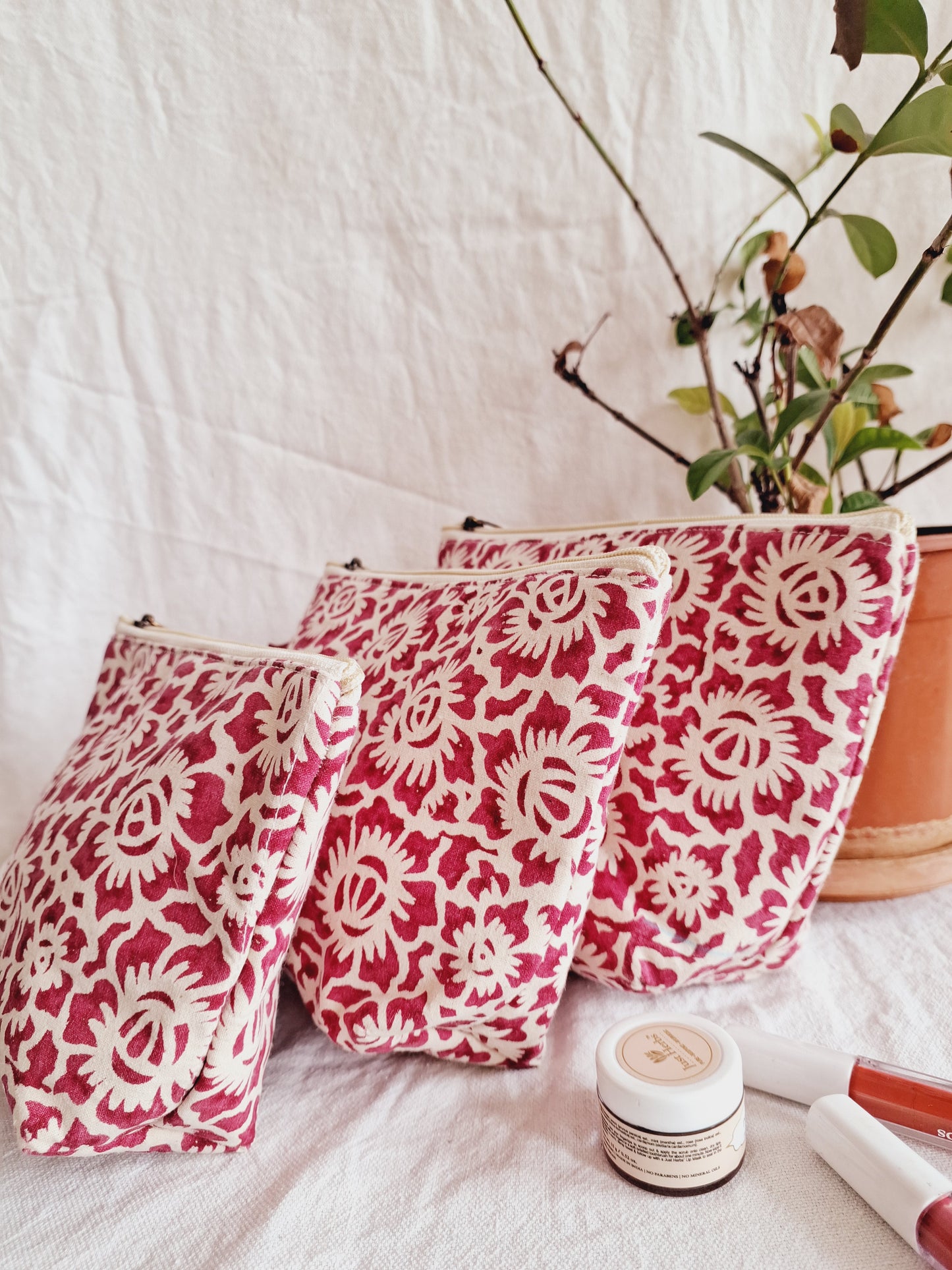 Cotton Hand Printed Utility Pouches · Floral Fun Pink · Set Of 3
