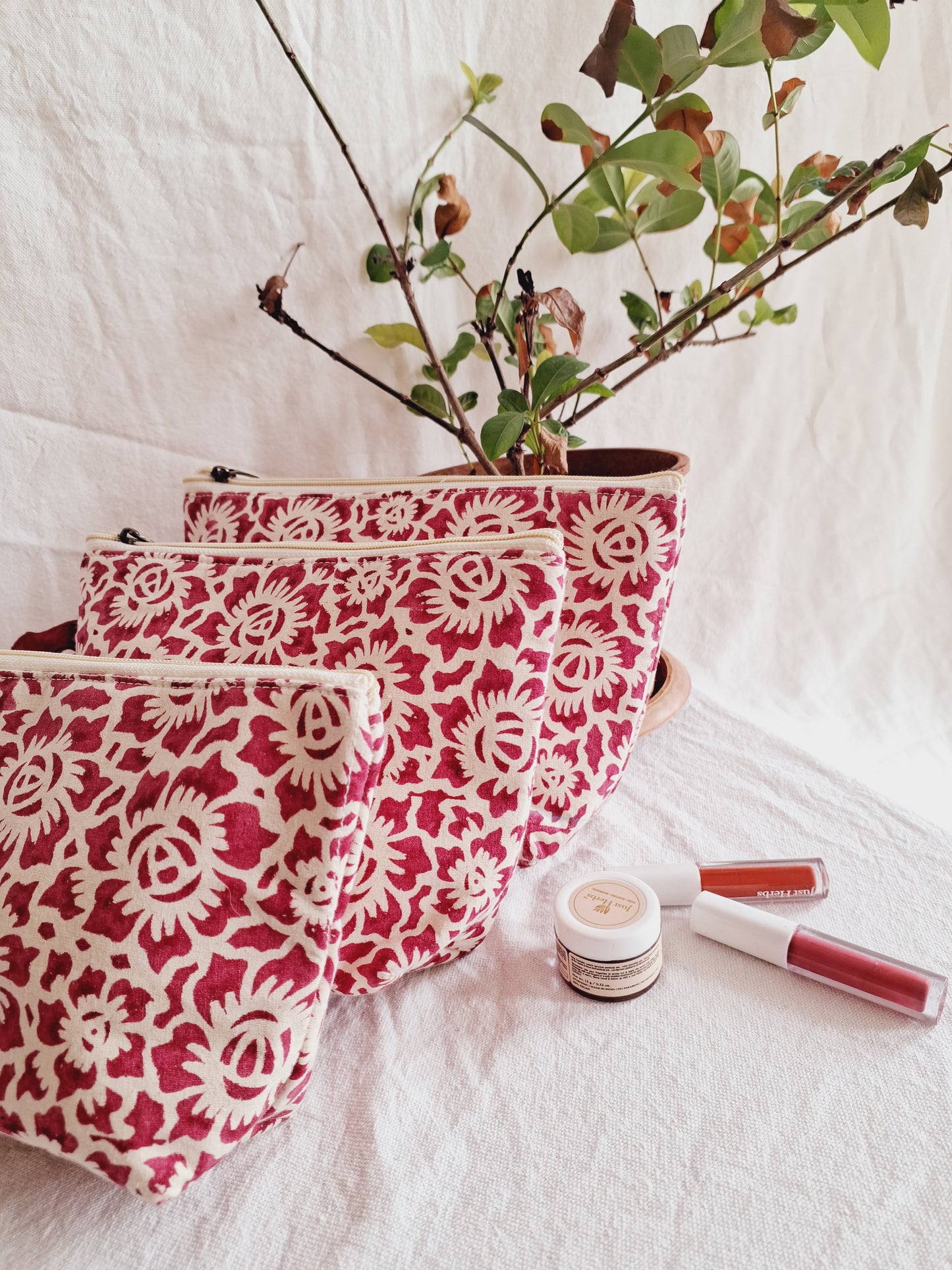 Cotton Hand Printed Utility Pouches · Floral Fun Pink · Set Of 3