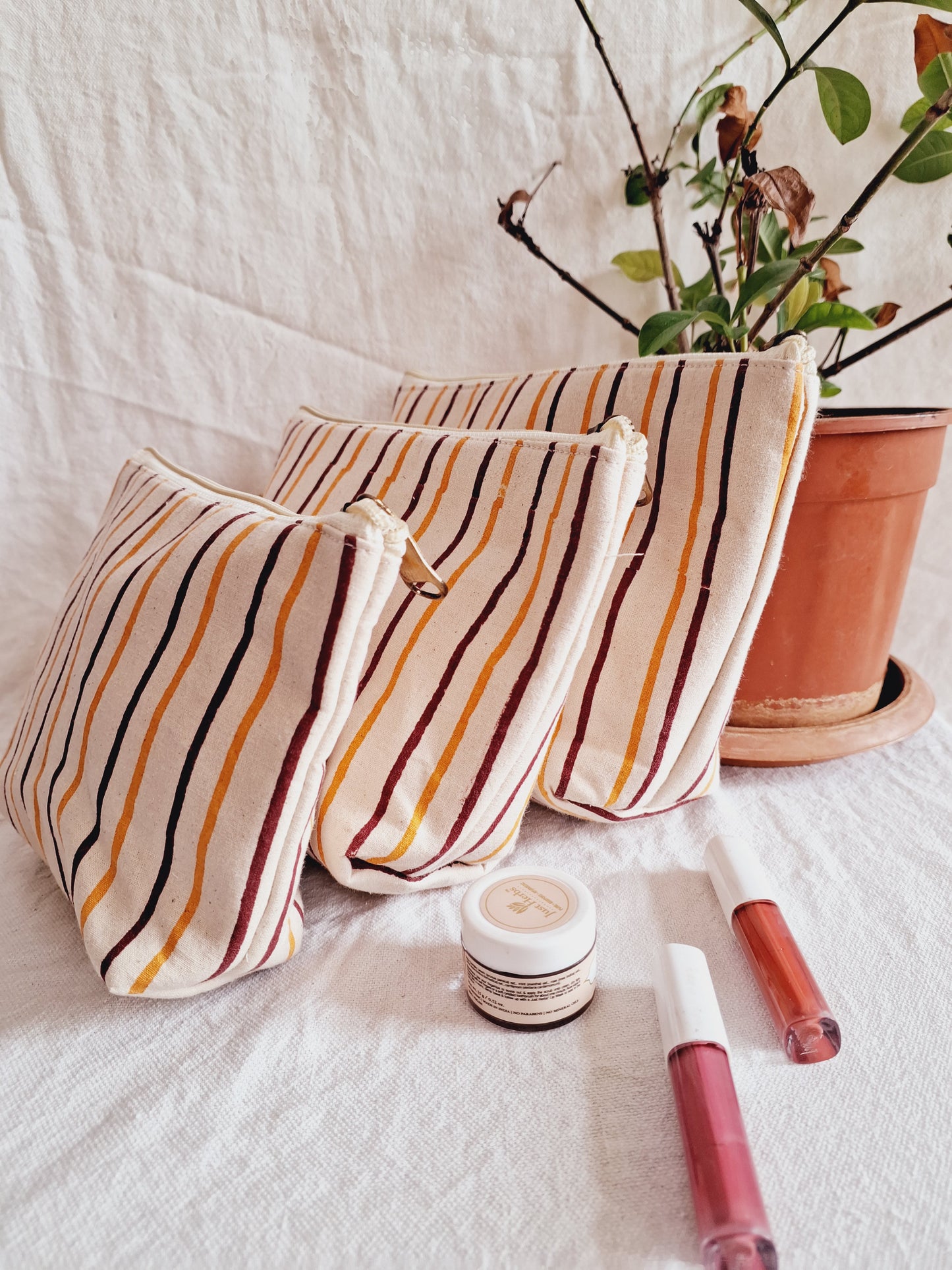 Cotton Hand Printed Utility Pouches · Rust and Mustard Stripes · Set Of 3