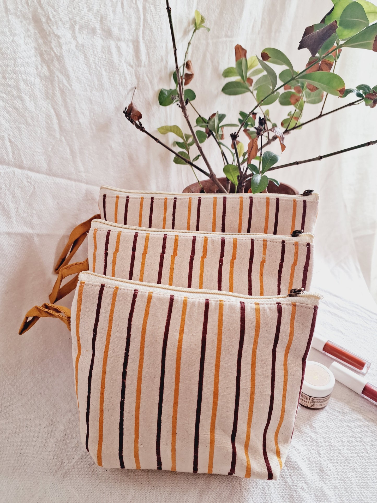 Cotton Hand Printed Utility Pouches · Rust and Mustard Stripes · Set Of 3