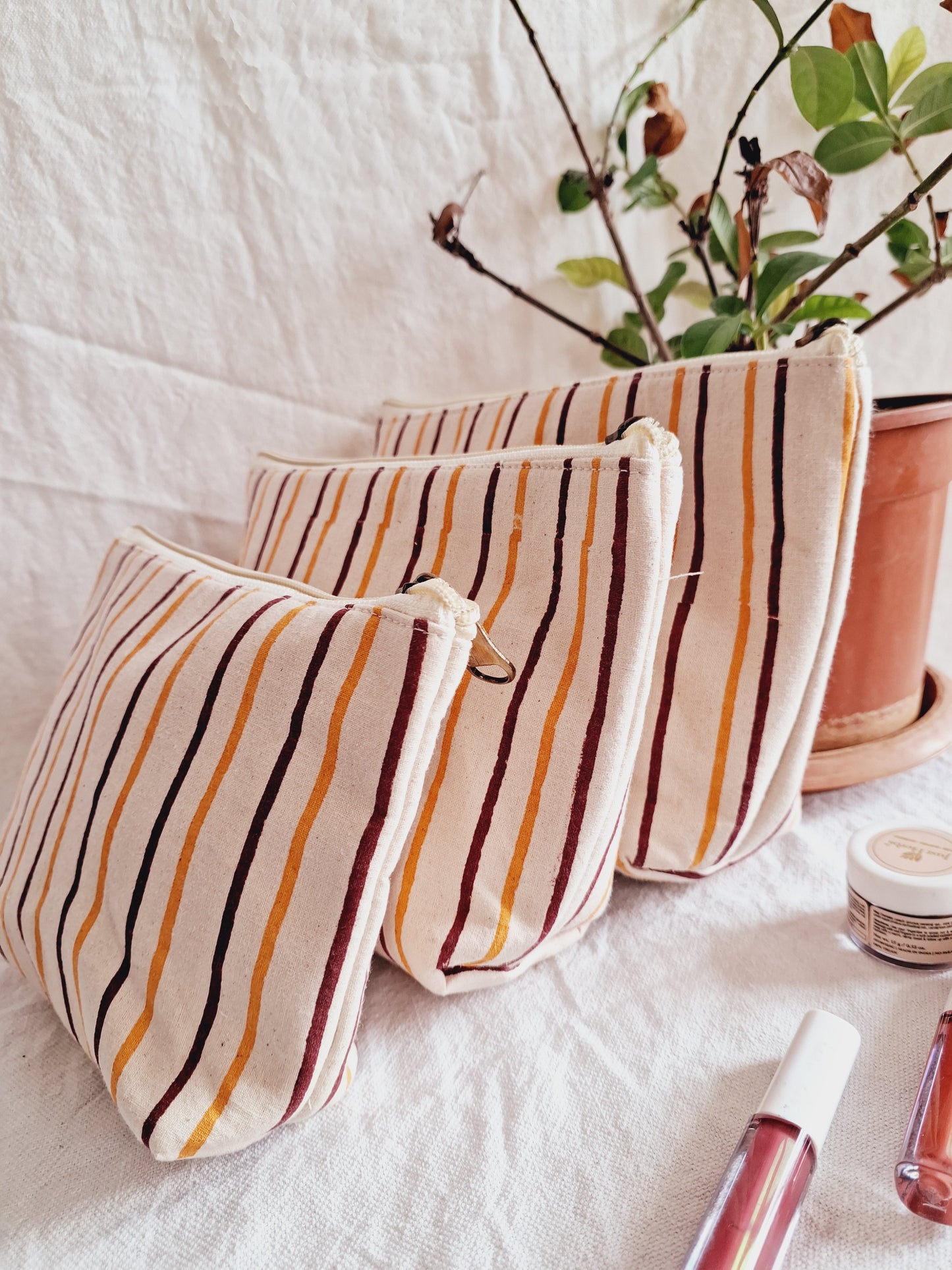 Cotton Hand Printed Utility Pouches · Rust and Mustard Stripes · Set Of 3