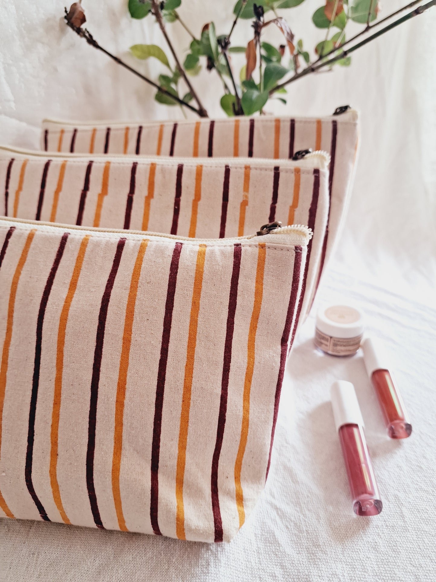 Cotton Hand Printed Utility Pouches · Rust and Mustard Stripes · Set Of 3