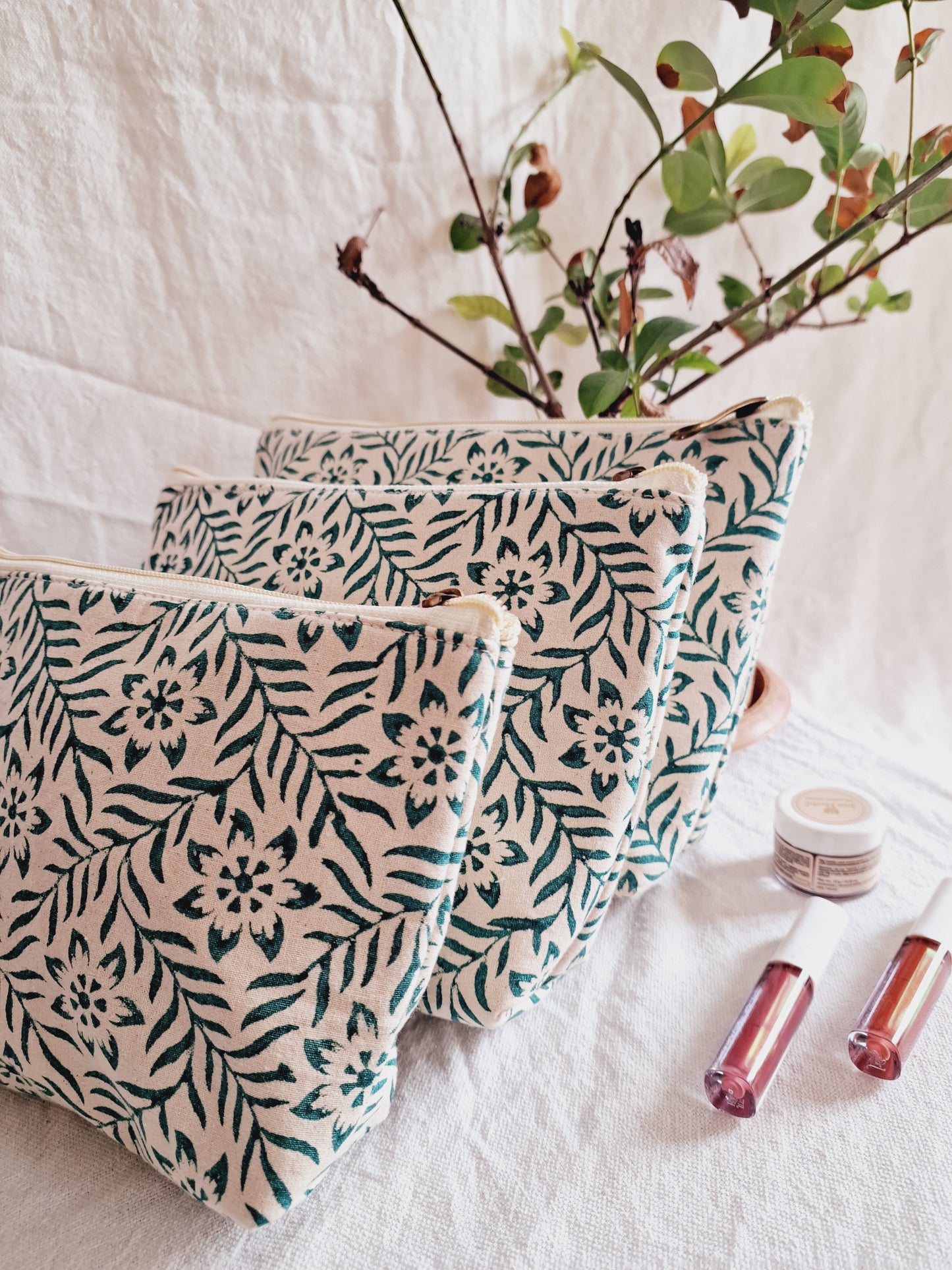 Cotton Hand Printed Utility Pouches · Floral Jaal Green · Set Of 3