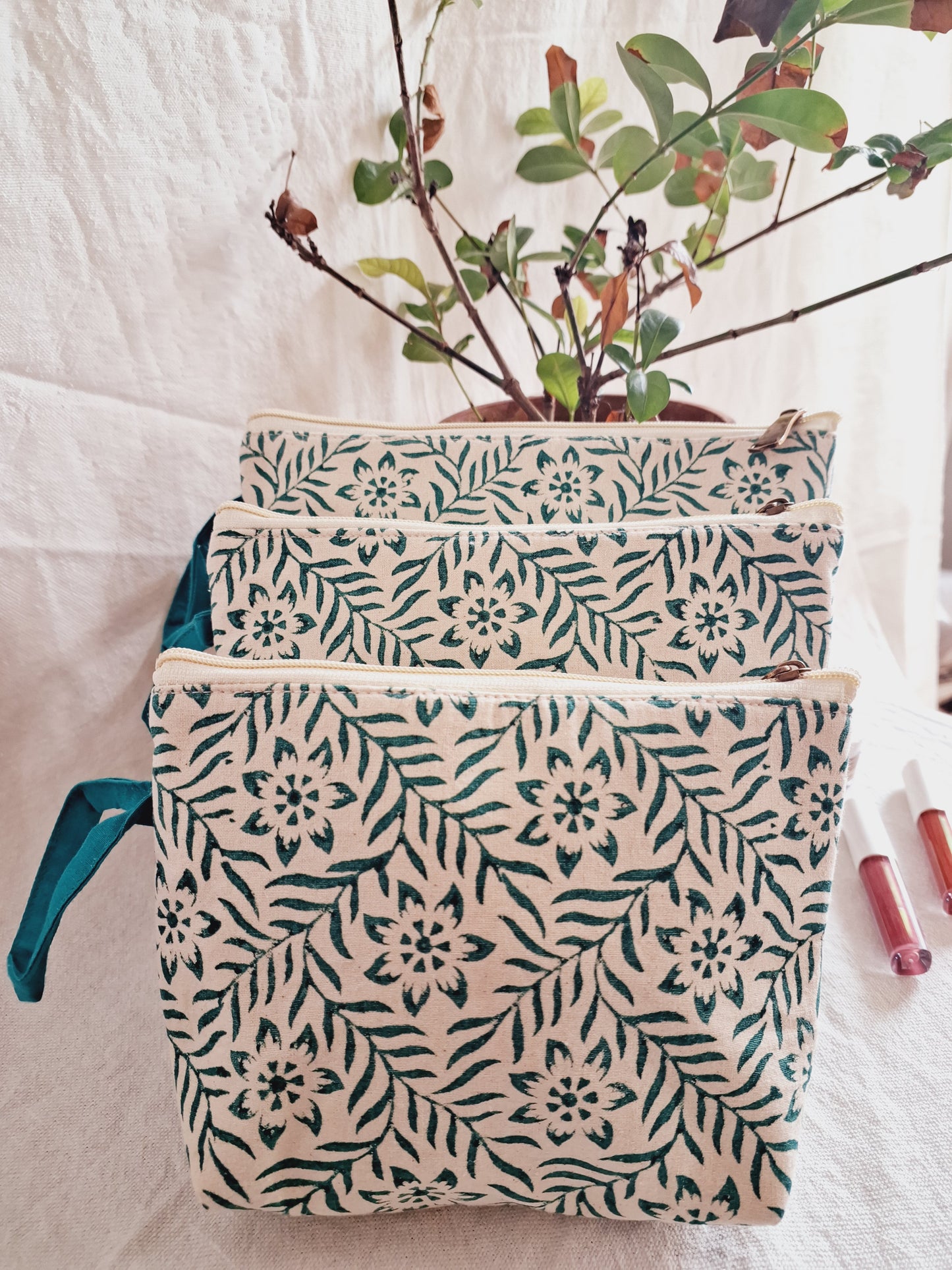 Cotton Hand Printed Utility Pouches · Floral Jaal Green · Set Of 3