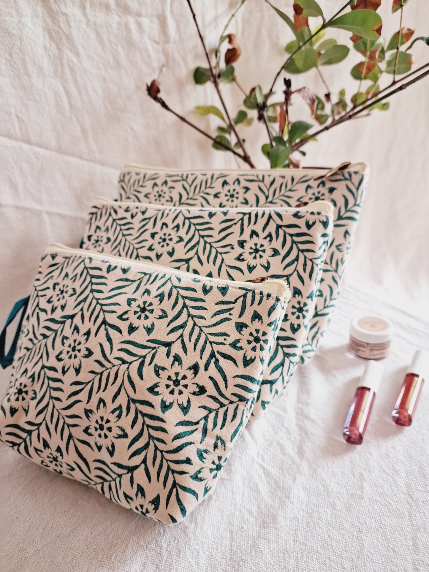 Cotton Hand Printed Utility Pouches · Floral Jaal Green · Set Of 3