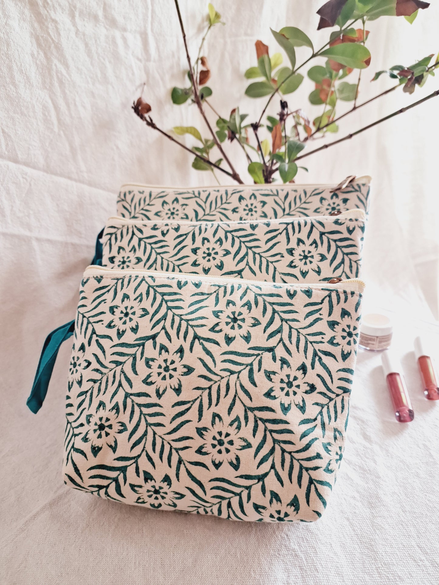 Cotton Hand Printed Utility Pouches · Floral Jaal Green · Set Of 3