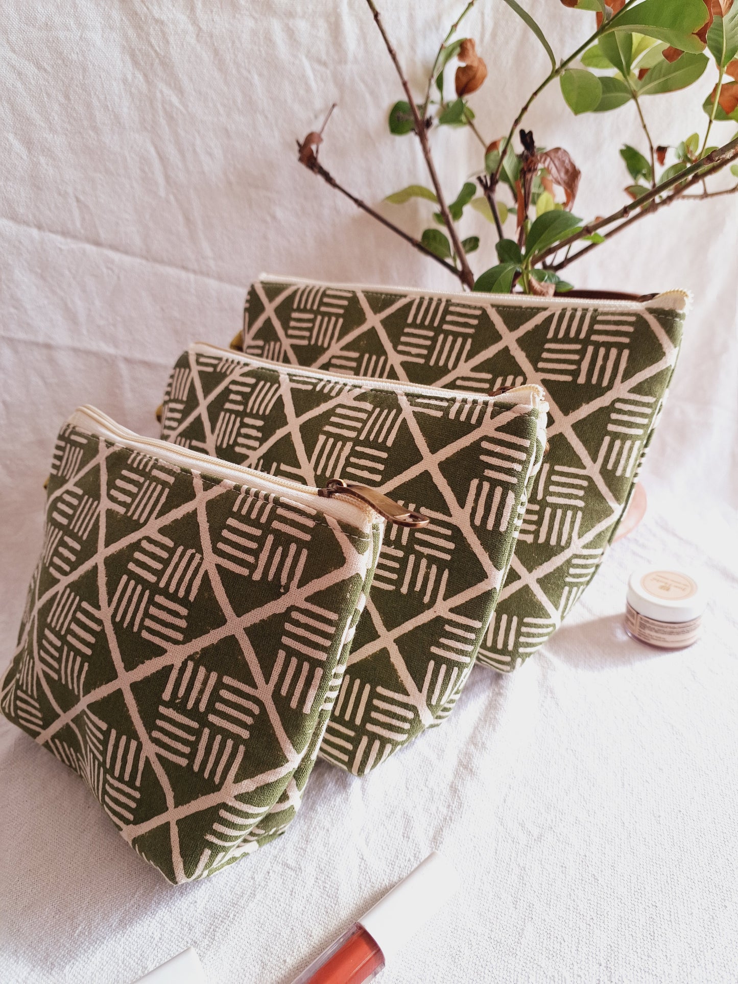 Cotton Hand Printed Utility Pouches · Olive Bricks  · Set Of 3