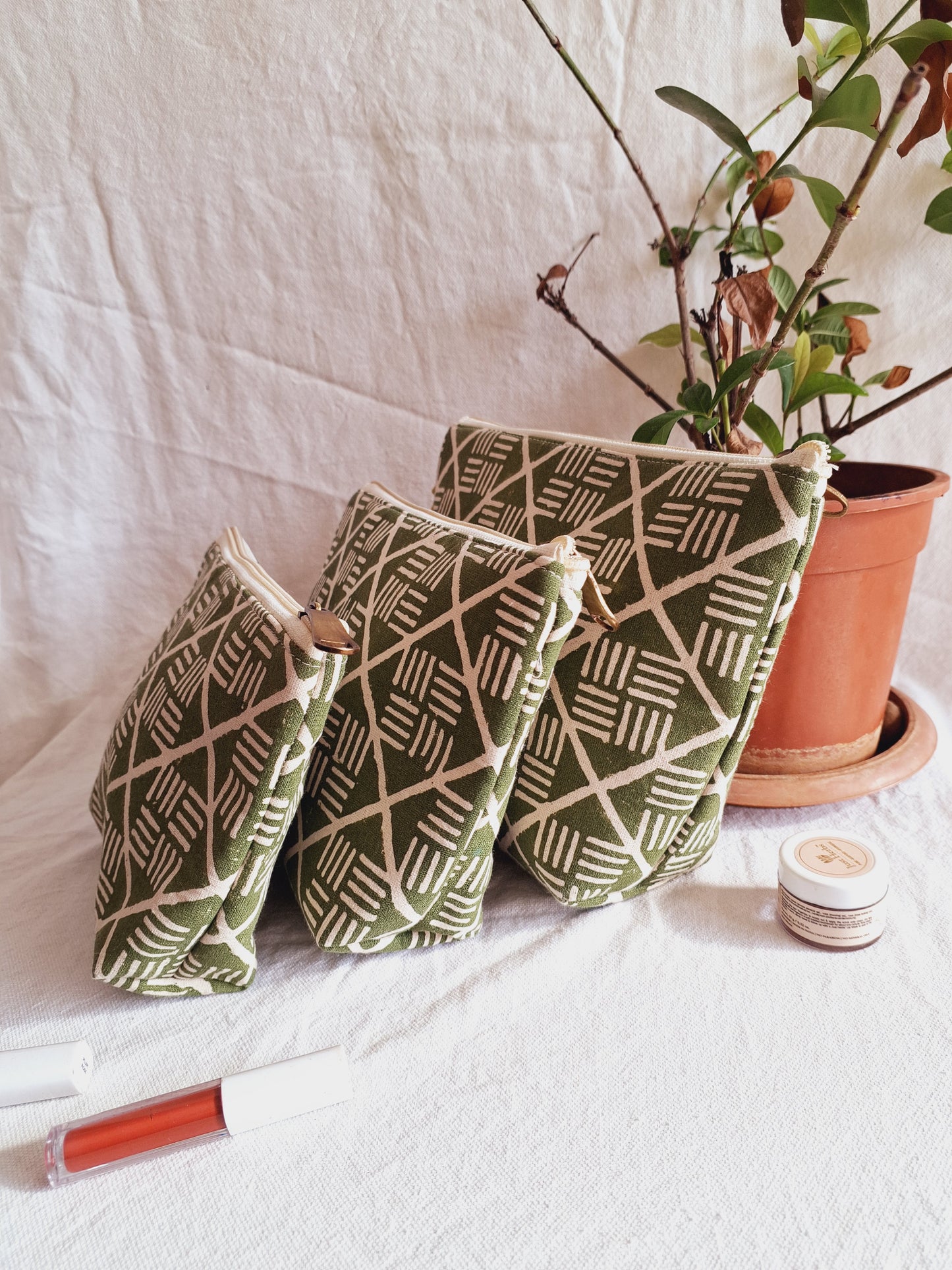 Cotton Hand Printed Utility Pouches · Olive Bricks  · Set Of 3