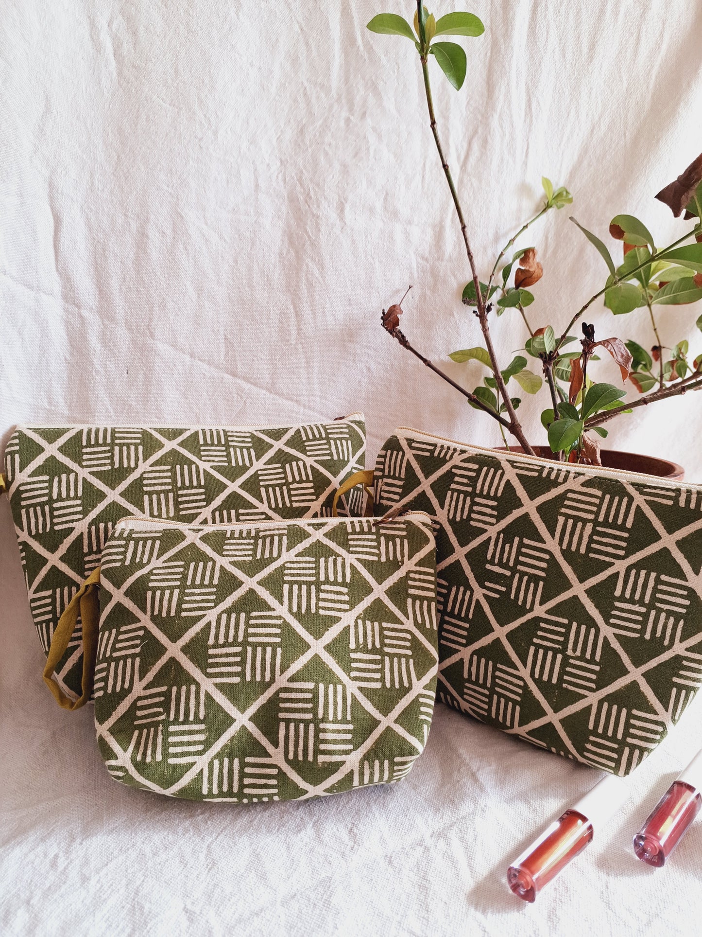 Cotton Hand Printed Utility Pouches · Olive Bricks  · Set Of 3