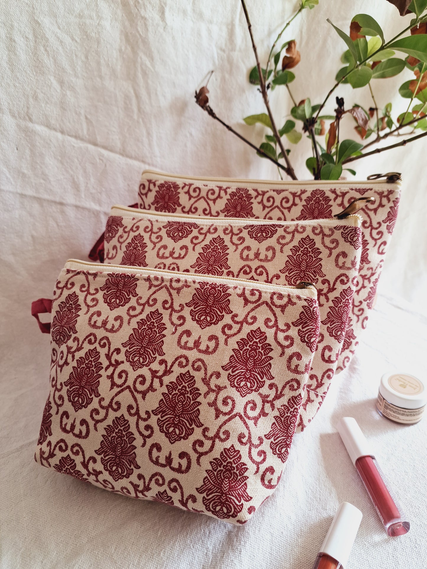 Cotton Hand Printed Utility Pouches · Mughal Motifs Maroon · Set Of 3