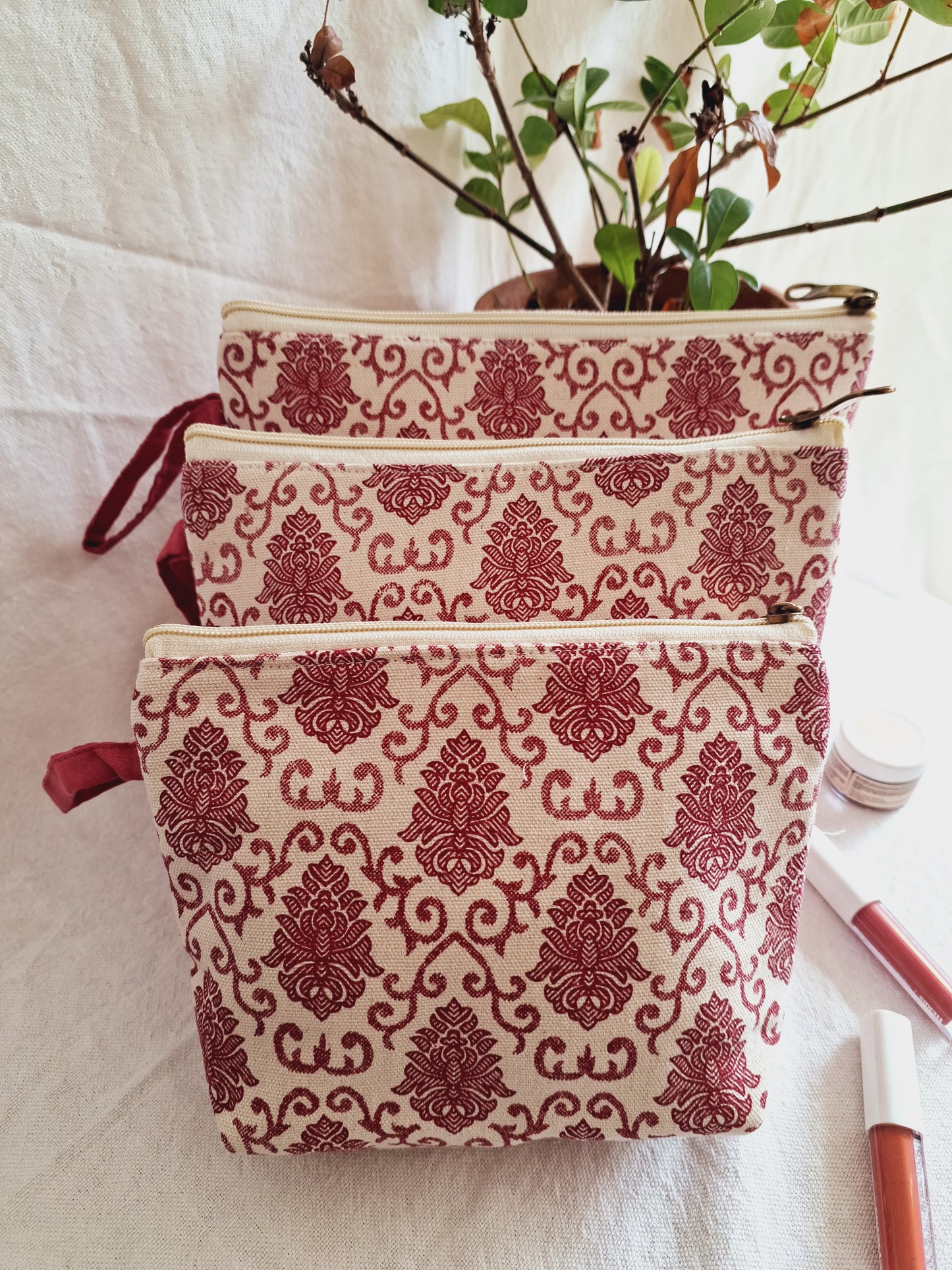 Cotton Hand Printed Utility Pouches · Mughal Motifs Maroon · Set Of 3
