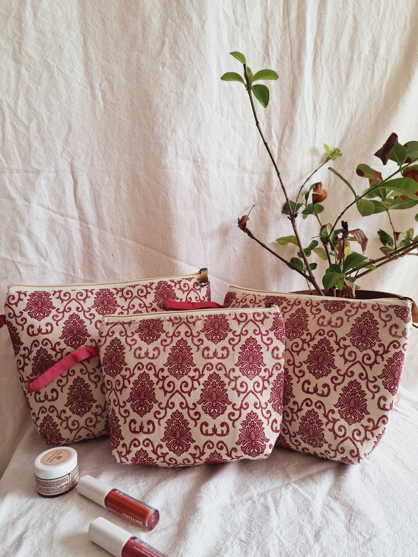 Cotton Hand Printed Utility Pouches · Mughal Motifs Maroon · Set Of 3