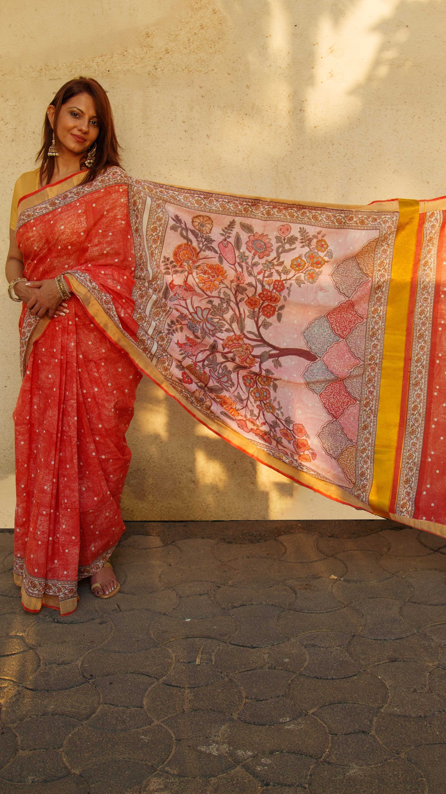 Cotton Kasavu Saree,Tree of Life Design • Coral