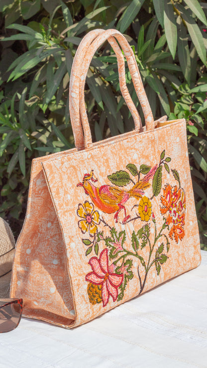Canvas Cotton Box Tote Bag Tree of Life • Peach