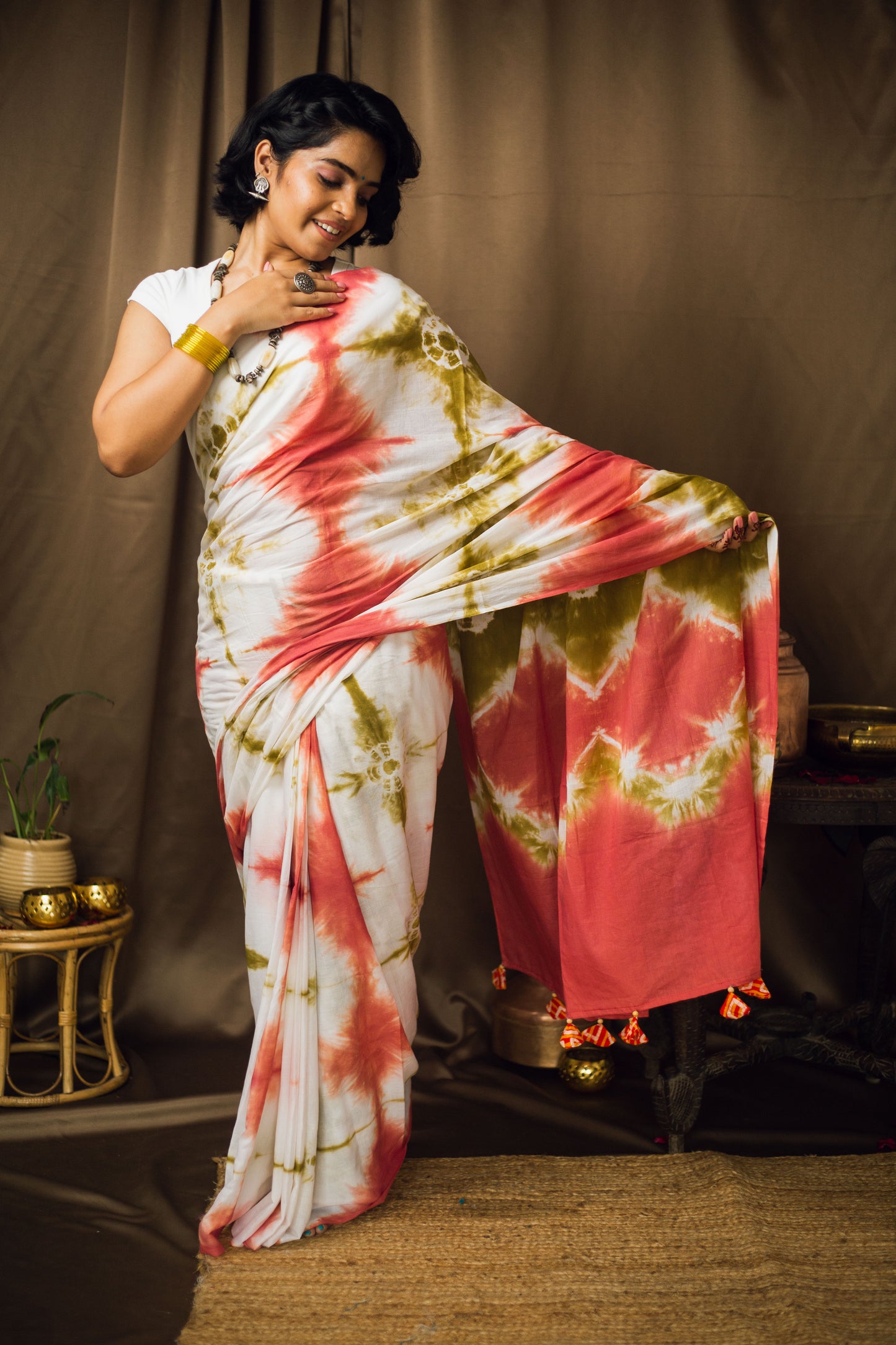Cotton Mul Tie Dye Saree Green Earth