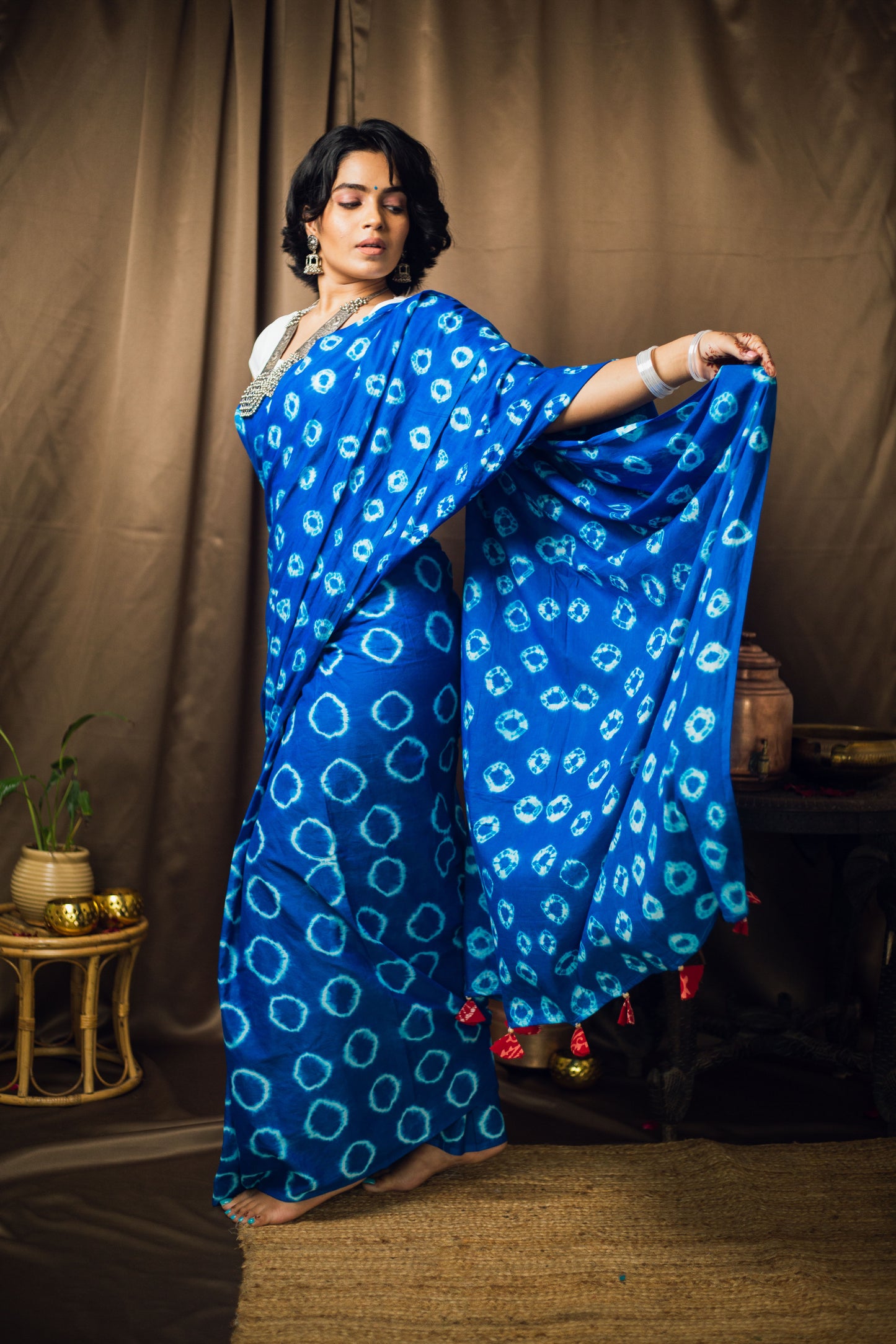 Cotton Mul Tie Dye Saree Blue Bindu
