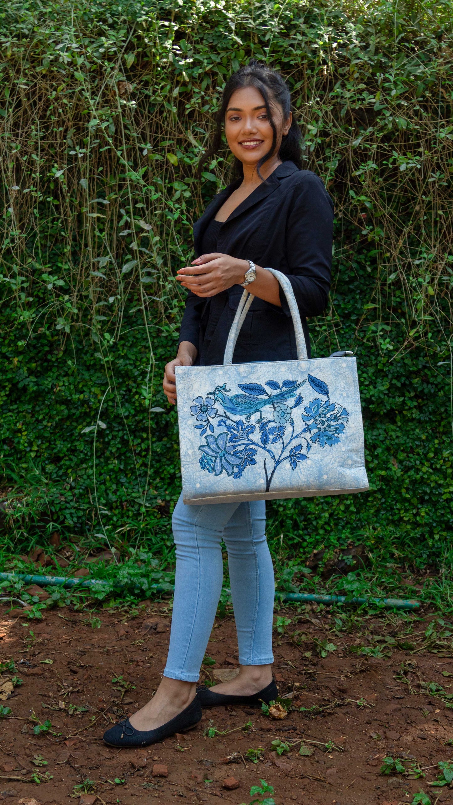 Canvas Cotton Box Tote Bag Tree of Life • Blue