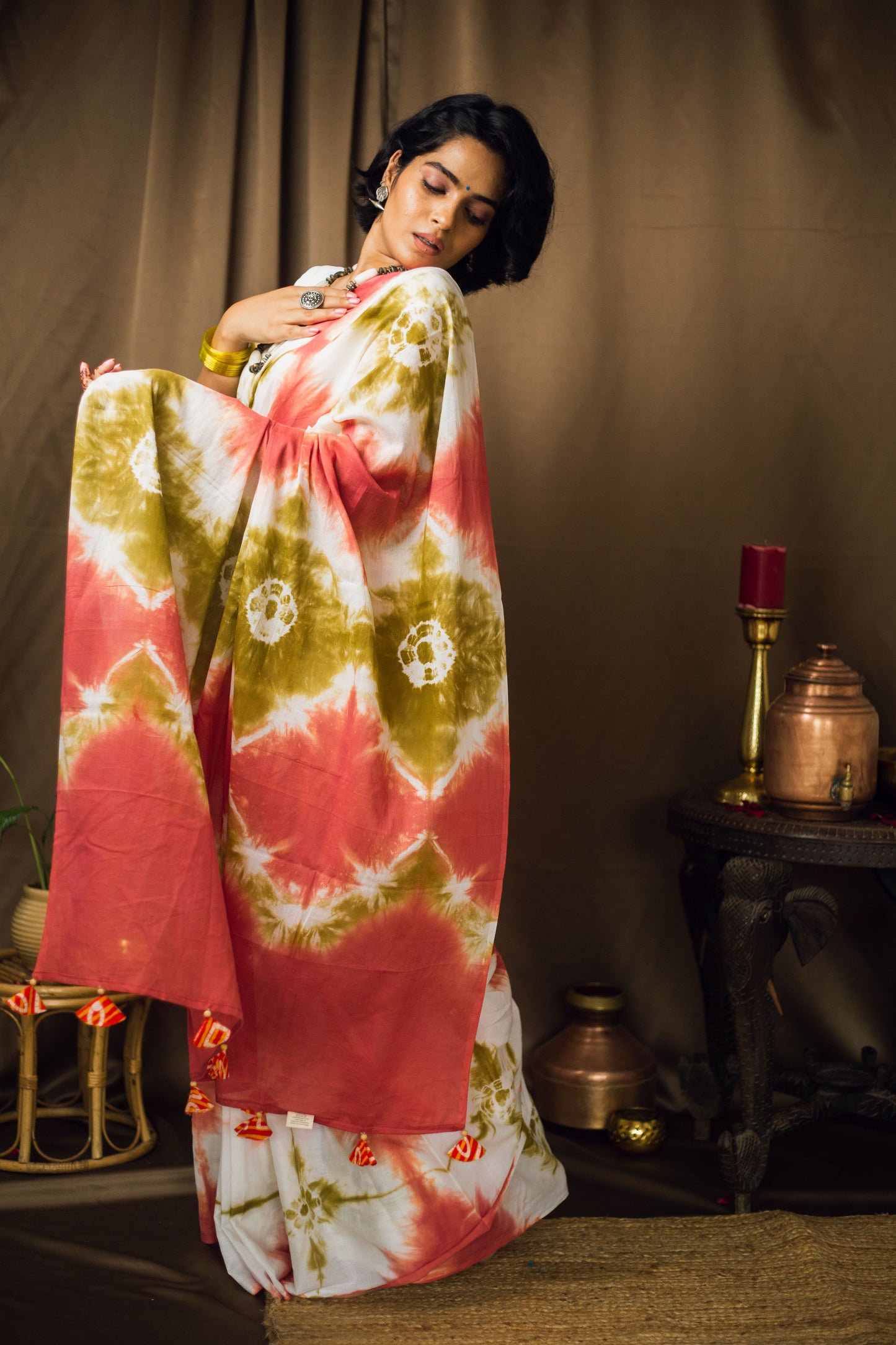 Cotton Mul Tie Dye Saree Green Earth