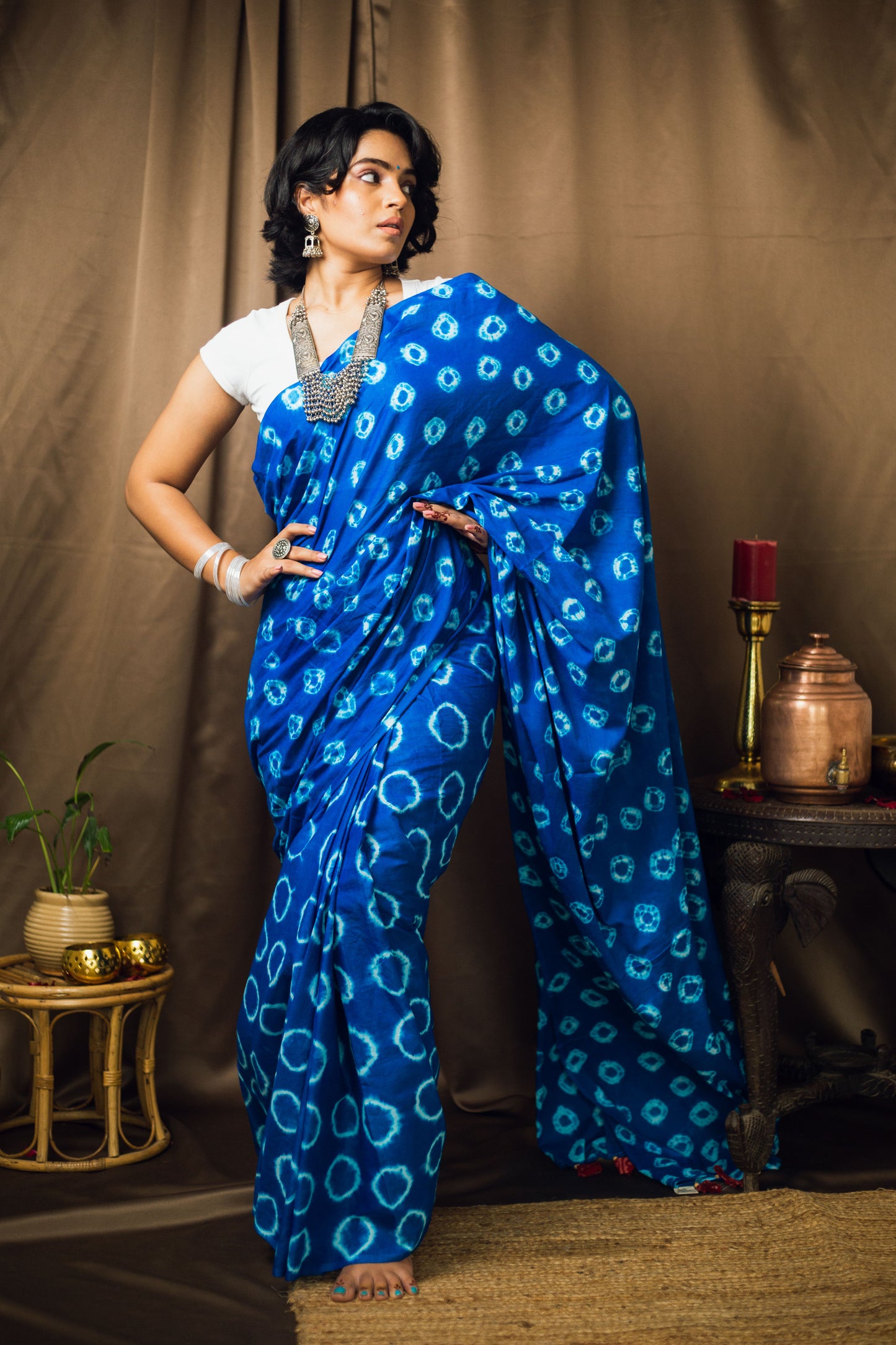 Cotton Mul Tie Dye Saree Blue Bindu